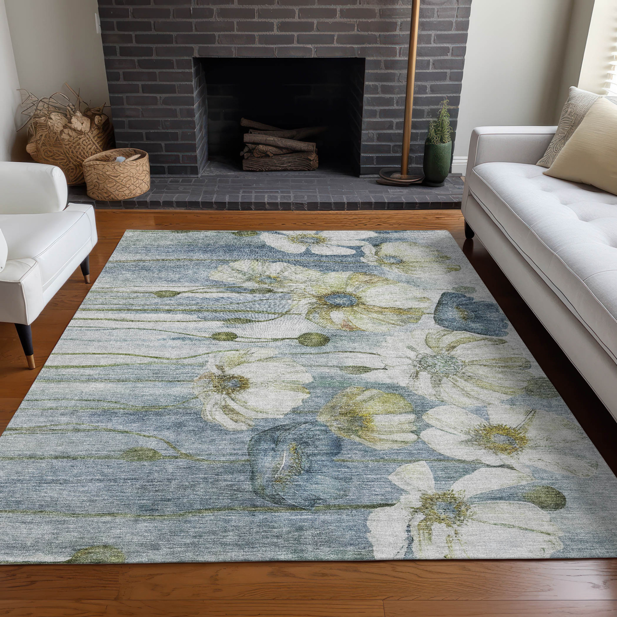 10' X 14' Denim Blue And Sky Blue Floral Washable Indoor Outdoor Area Rug - 1 - Sports & Outdoor