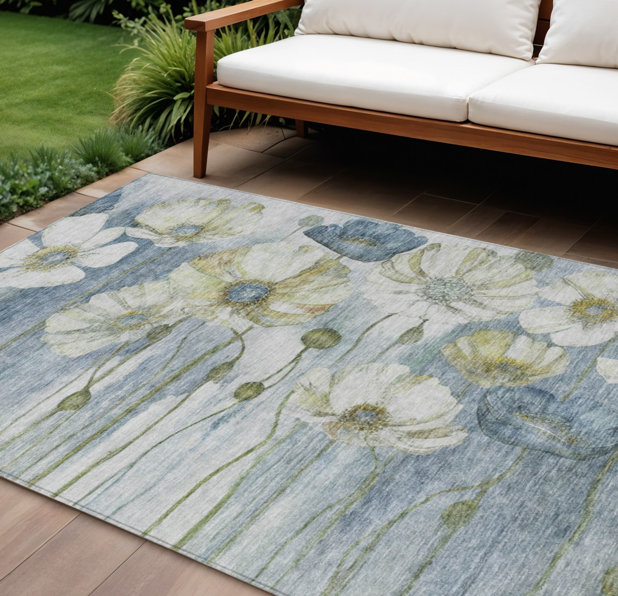 10' X 14' Denim Blue And Sky Blue Floral Washable Indoor Outdoor Area Rug - 1 - Sports & Outdoor