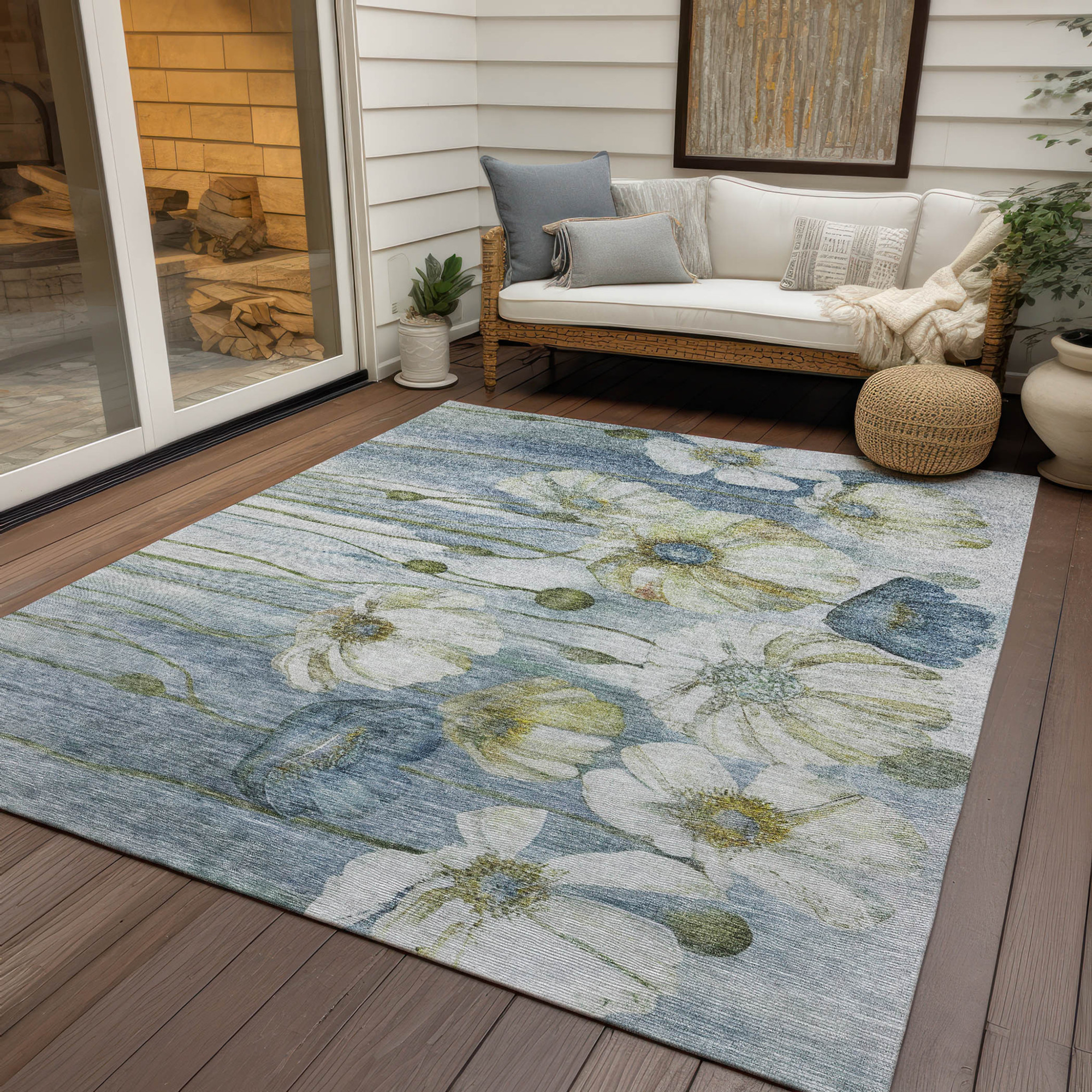 10' X 14' Denim Blue And Sky Blue Floral Washable Indoor Outdoor Area Rug - 1 - Sports & Outdoor