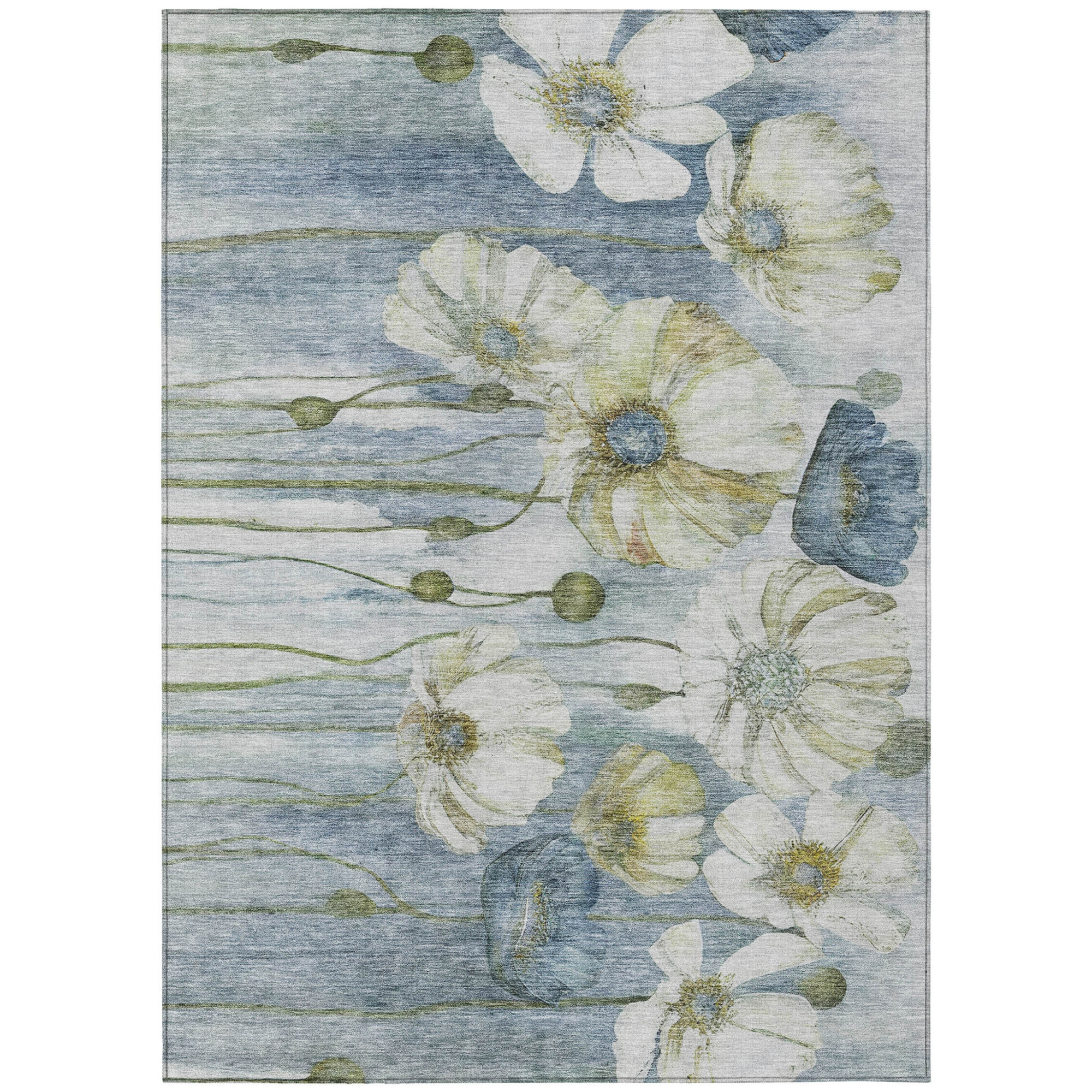 10' X 14' Denim Blue And Sky Blue Floral Washable Indoor Outdoor Area Rug - 1 - Sports & Outdoor