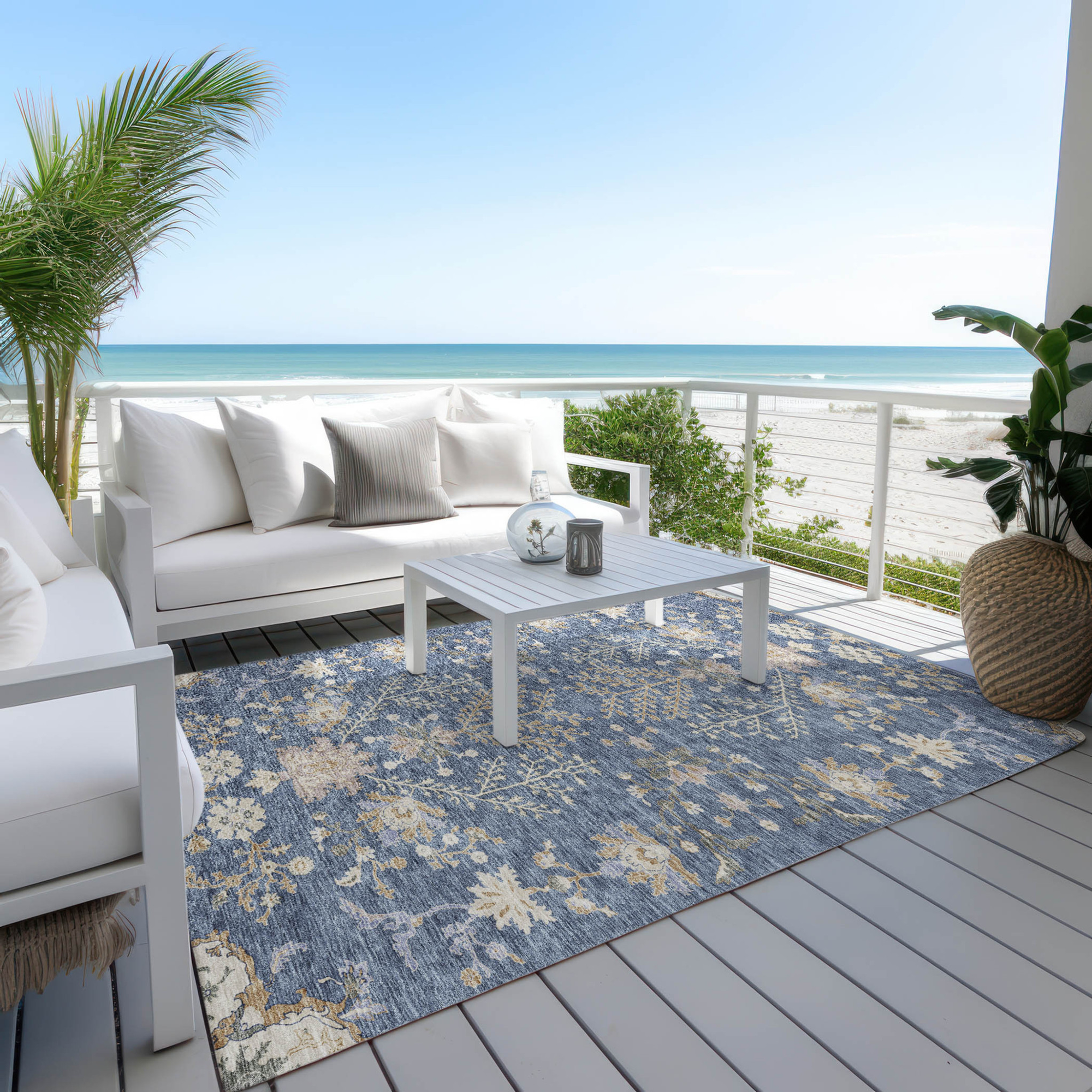 10' X 14' Blue Brown And Beige Floral Washable Indoor Outdoor Area Rug - 1 - Sports & Outdoor