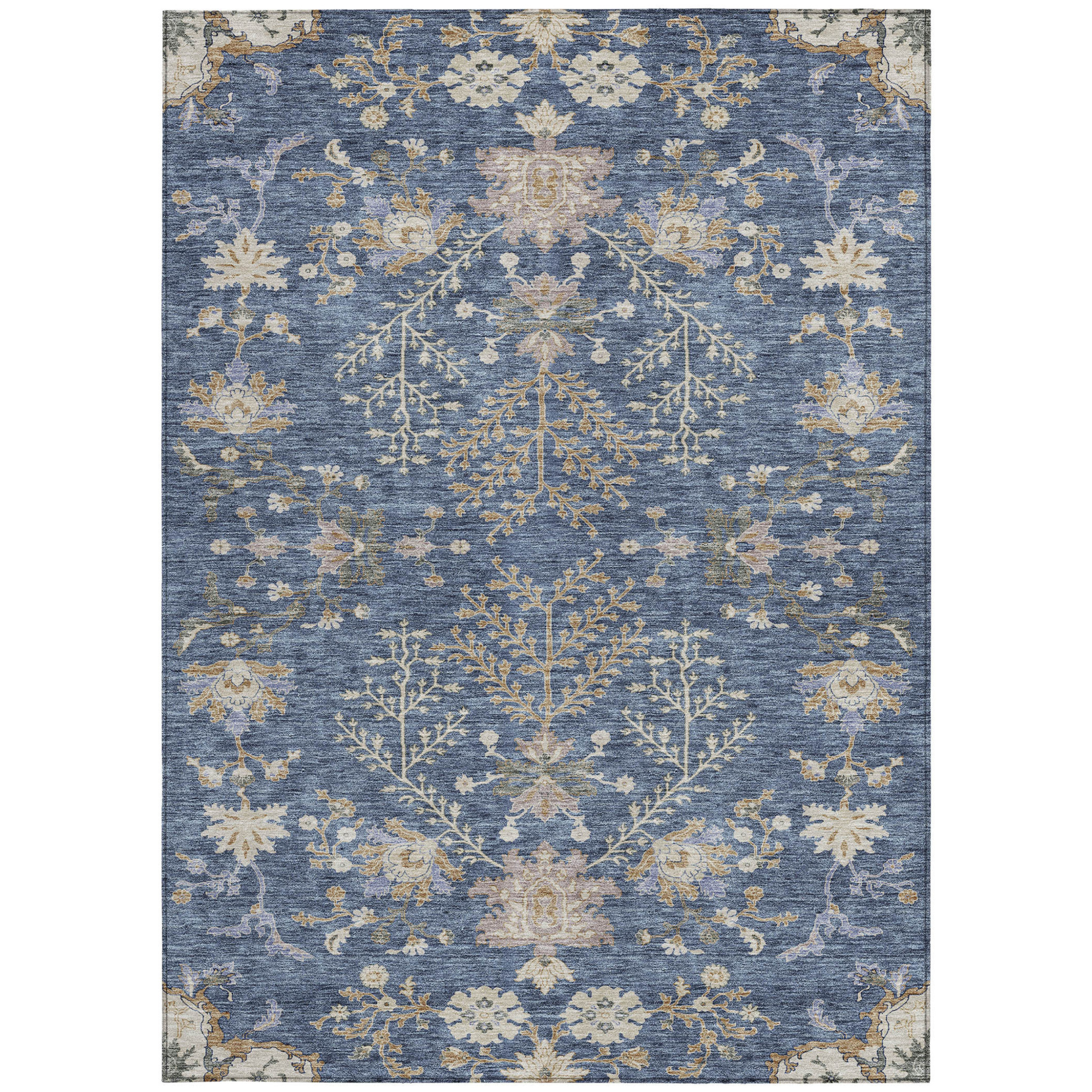 10' X 14' Blue Brown And Beige Floral Washable Indoor Outdoor Area Rug - 1 - Sports & Outdoor