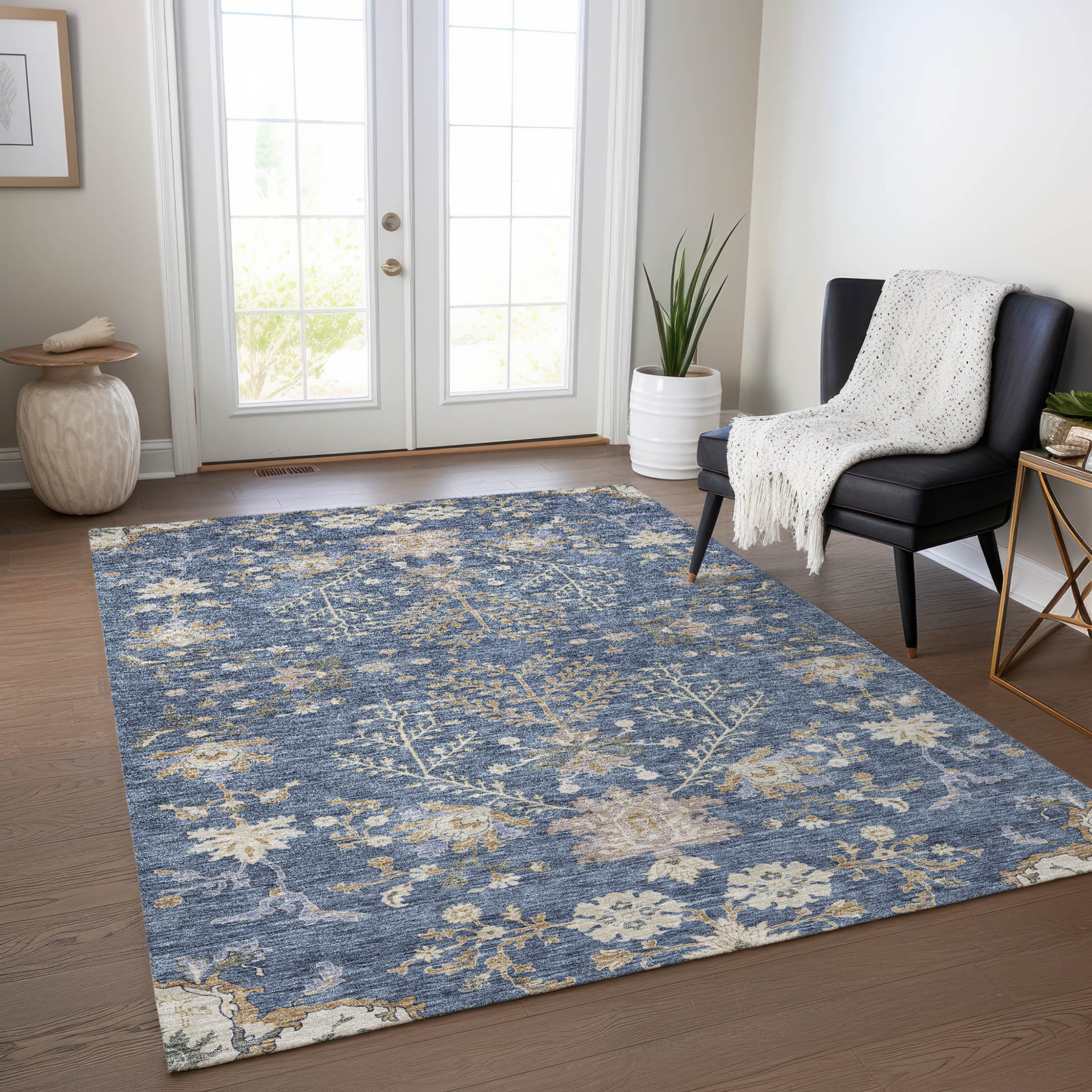10' X 14' Blue Brown And Beige Floral Washable Indoor Outdoor Area Rug - 1 - Sports & Outdoor