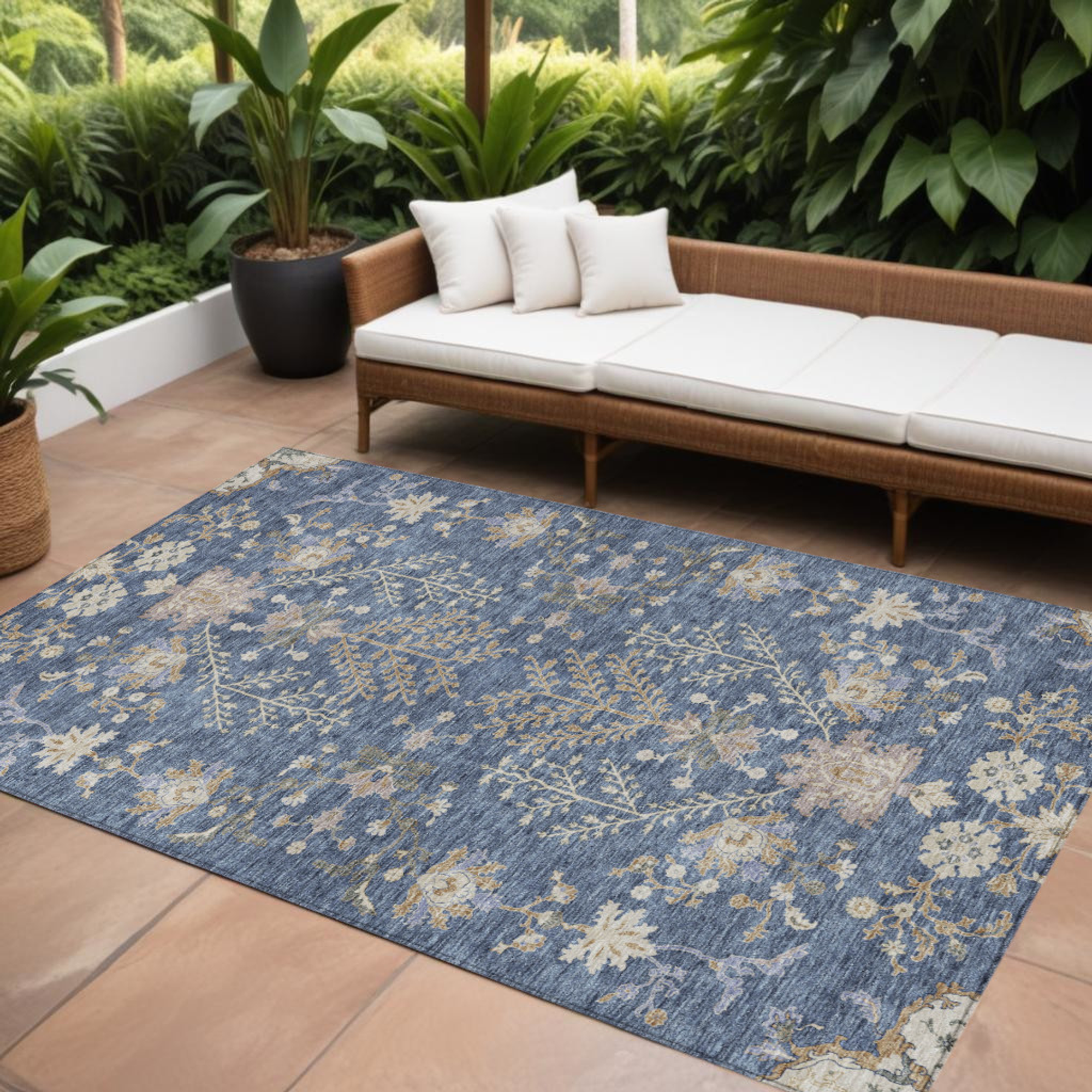 10' X 14' Blue Brown And Beige Floral Washable Indoor Outdoor Area Rug - 1 - Sports & Outdoor
