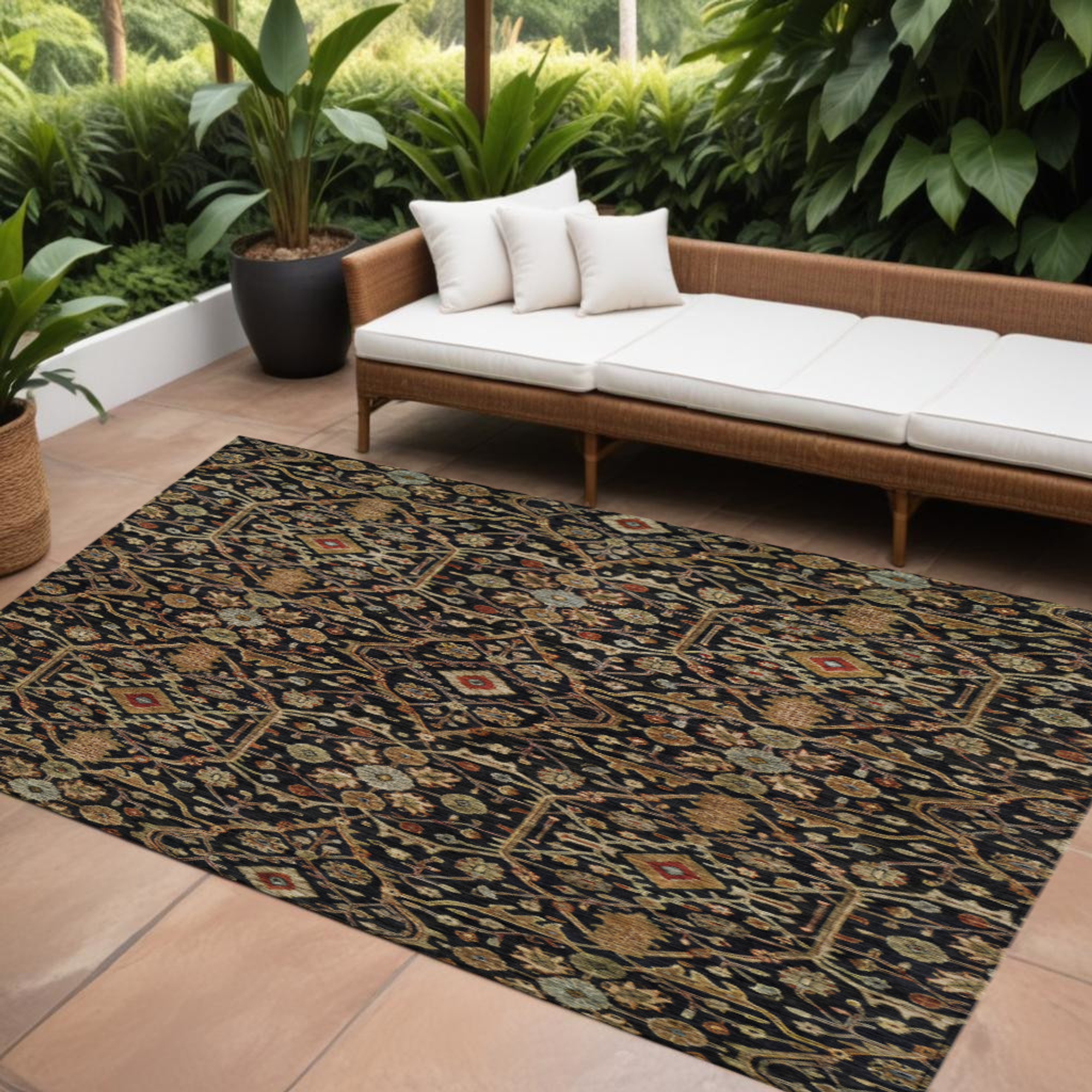 10' X 14' Black Brown And Red Floral Washable Indoor Outdoor Area Rug - 1 - Sports & Outdoor