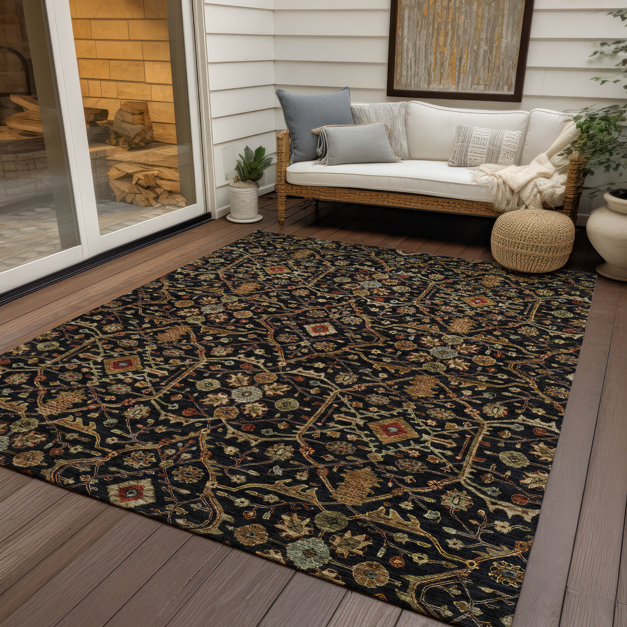 10' X 14' Black Brown And Red Floral Washable Indoor Outdoor Area Rug - 1 - Sports & Outdoor