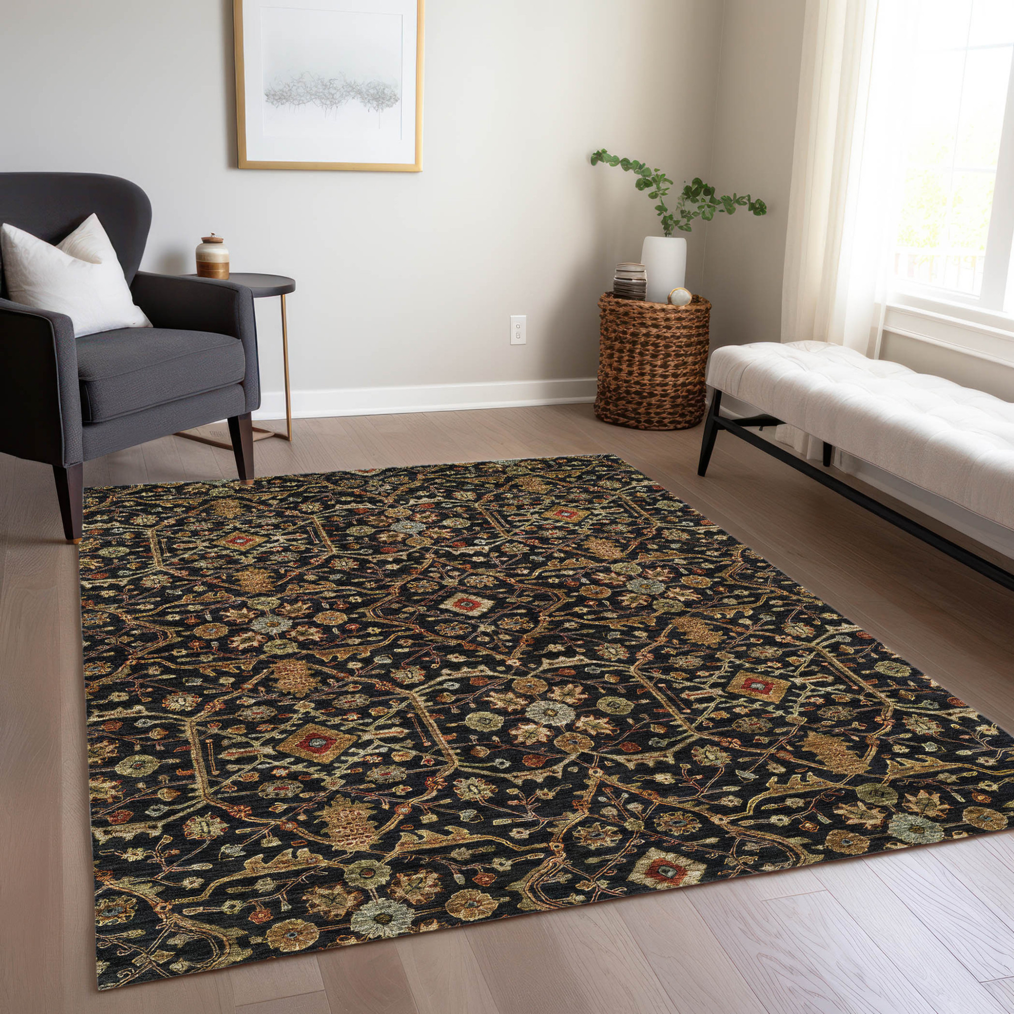 10' X 14' Black Brown And Red Floral Washable Indoor Outdoor Area Rug - 1 - Sports & Outdoor