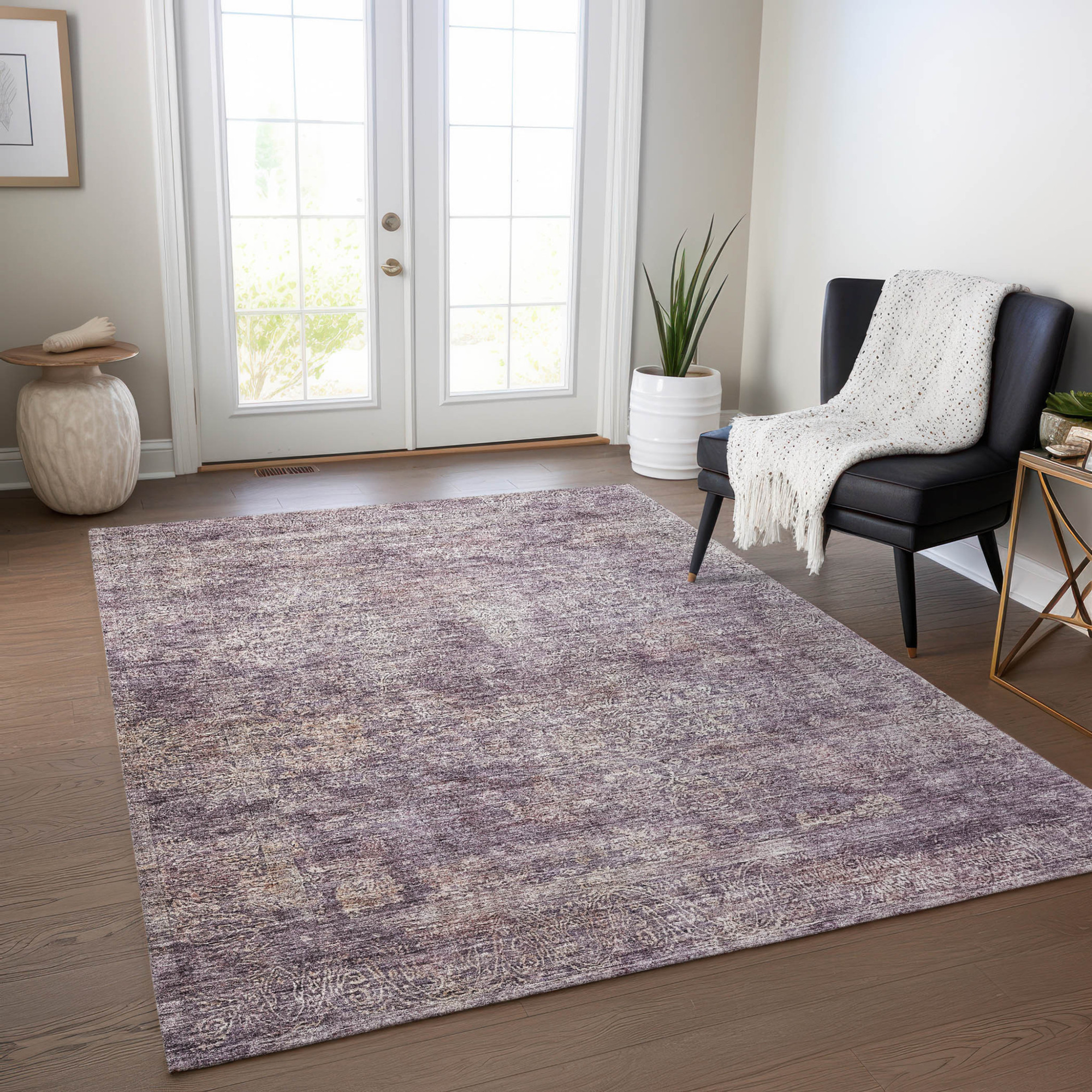 10' X 14' Plum And Lavender Floral Washable Indoor Outdoor Area Rug - 1 - Sports & Outdoor