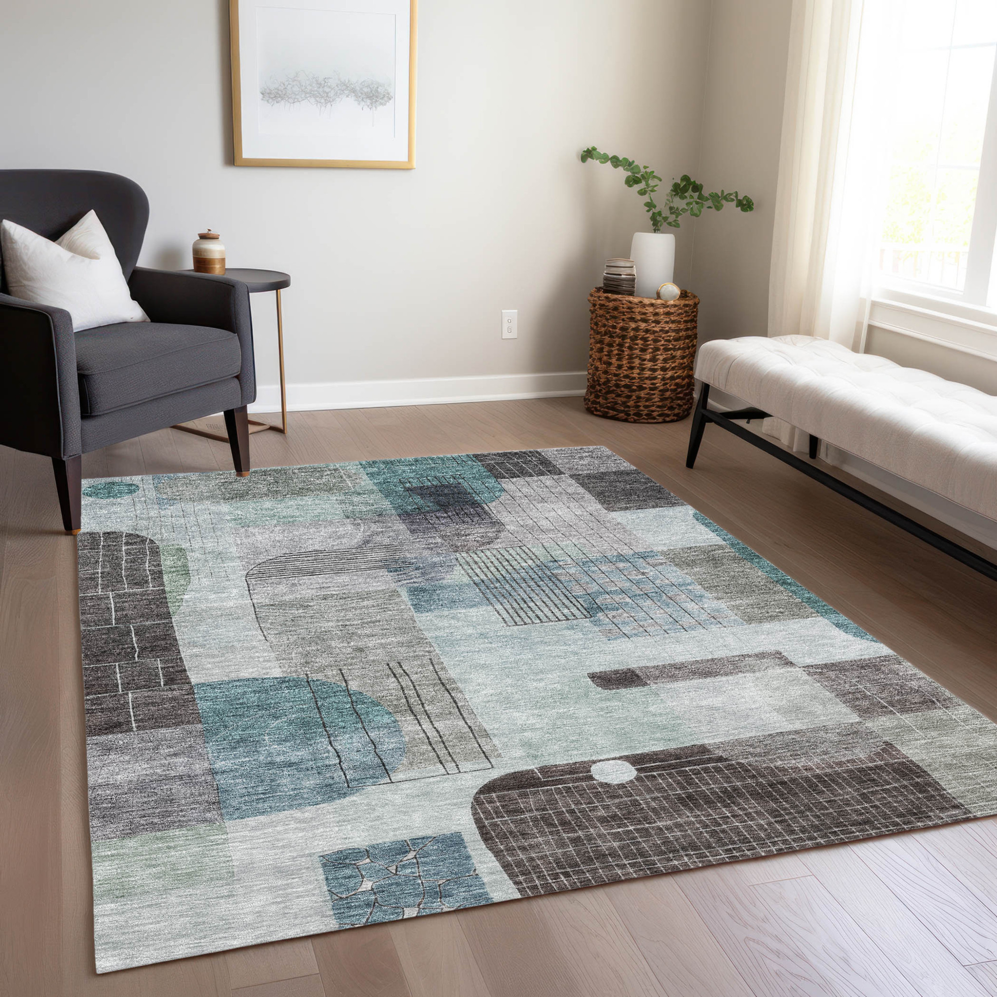 10' X 14' Teal Blue Gray And Charcoal Abstract Washable Indoor Outdoor Area Rug - 1 - Sports & Outdoor