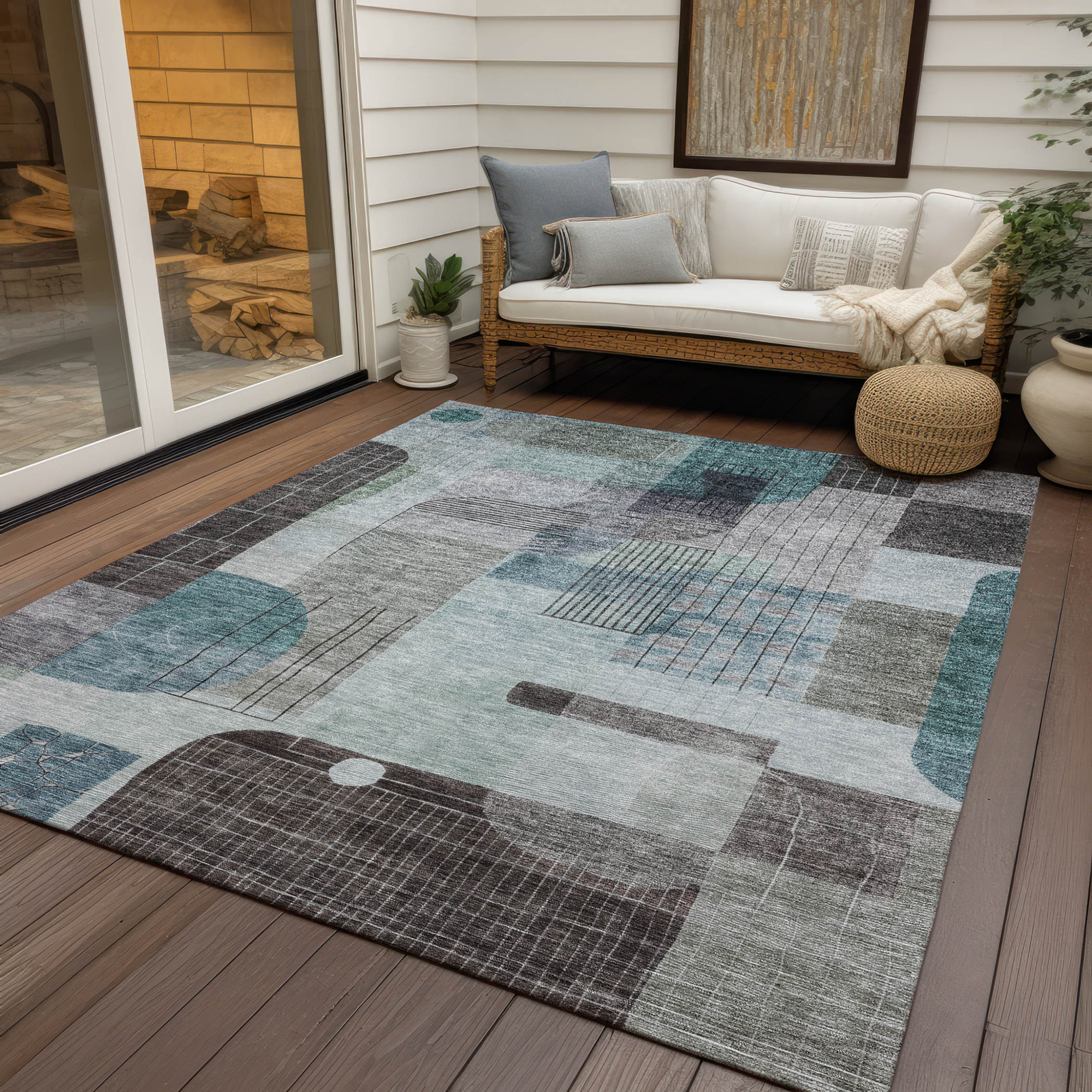 10' X 14' Teal Blue Gray And Charcoal Abstract Washable Indoor Outdoor Area Rug - 1 - Sports & Outdoor