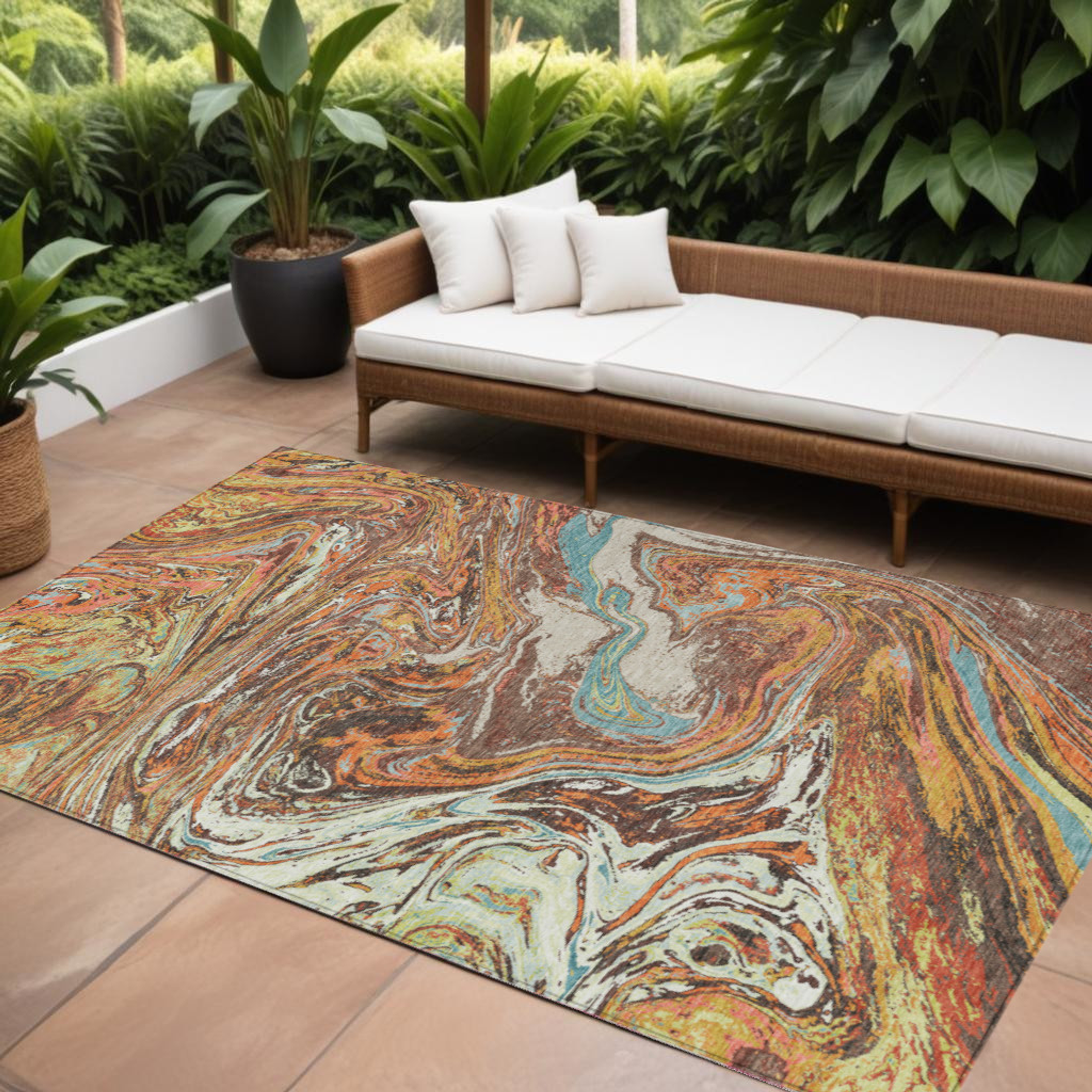10' X 14' Khaki Brown And Blue Abstract Washable Indoor Outdoor Area Rug - 1 - Sports & Outdoor
