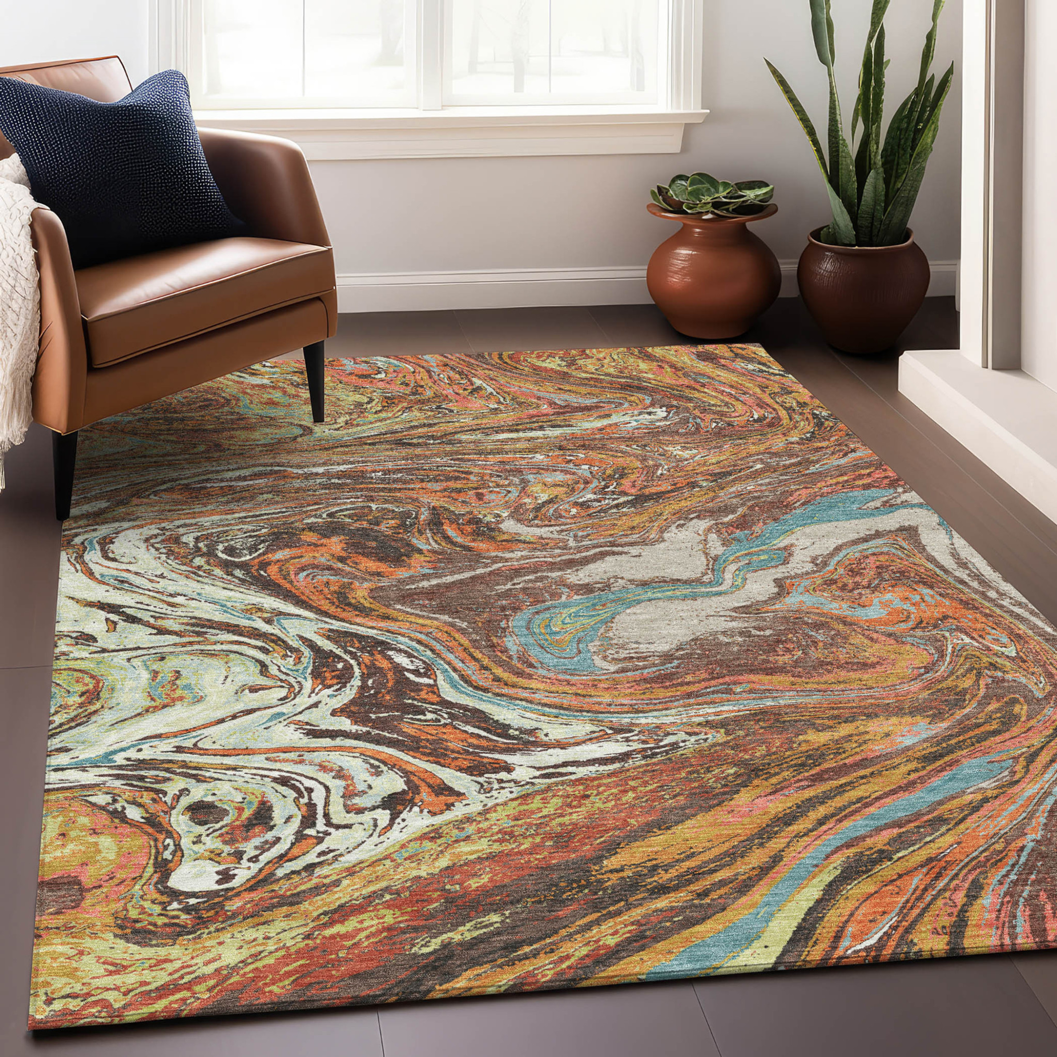 10' X 14' Khaki Brown And Blue Abstract Washable Indoor Outdoor Area Rug - 1 - Sports & Outdoor