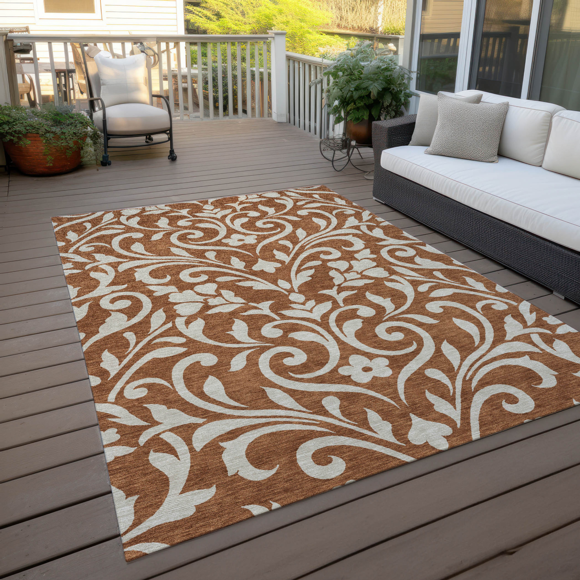 10' X 14' Brown And Beige Floral Washable Indoor Outdoor Area Rug - 1 - Sports & Outdoor