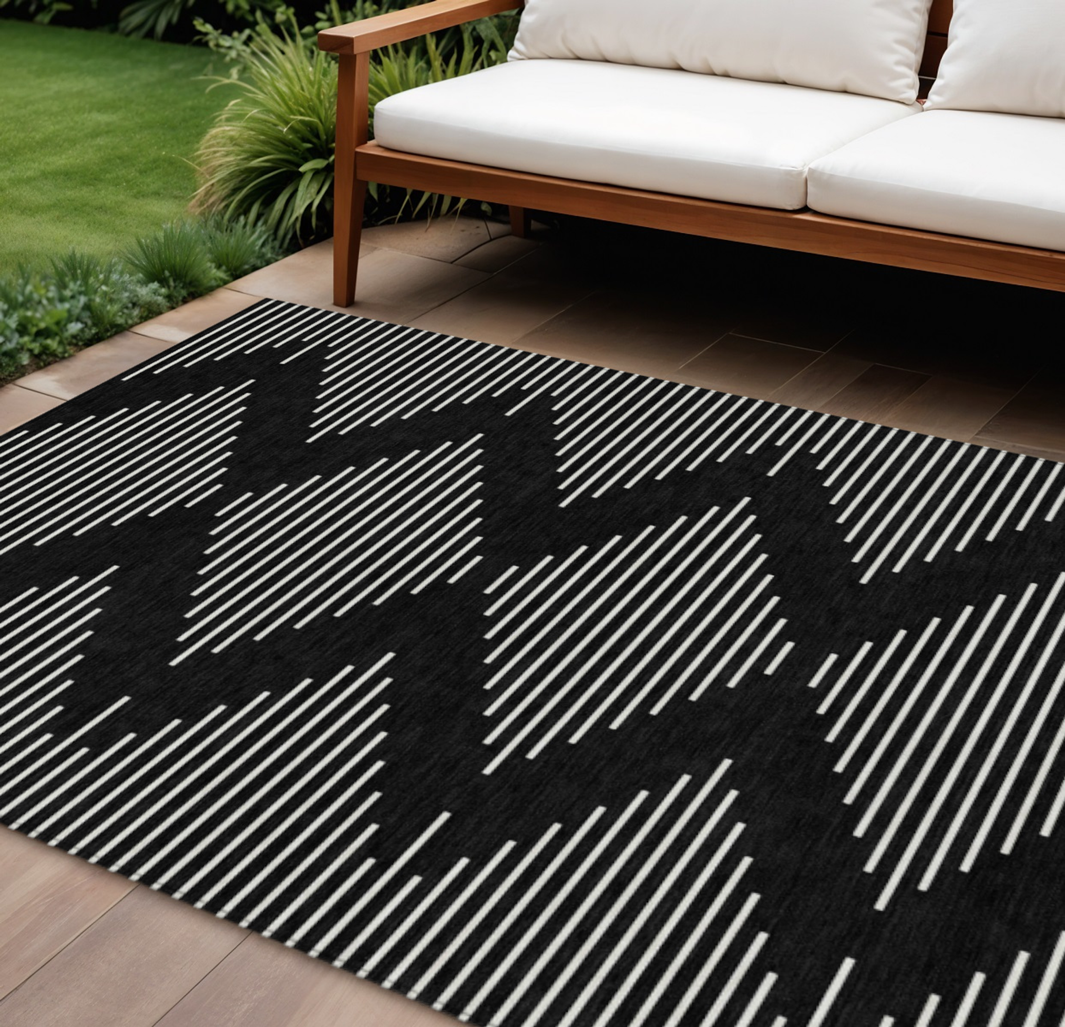 10' X 14' Black And Ivory Geometric Washable Indoor Outdoor Area Rug - 1 - Sports & Outdoor