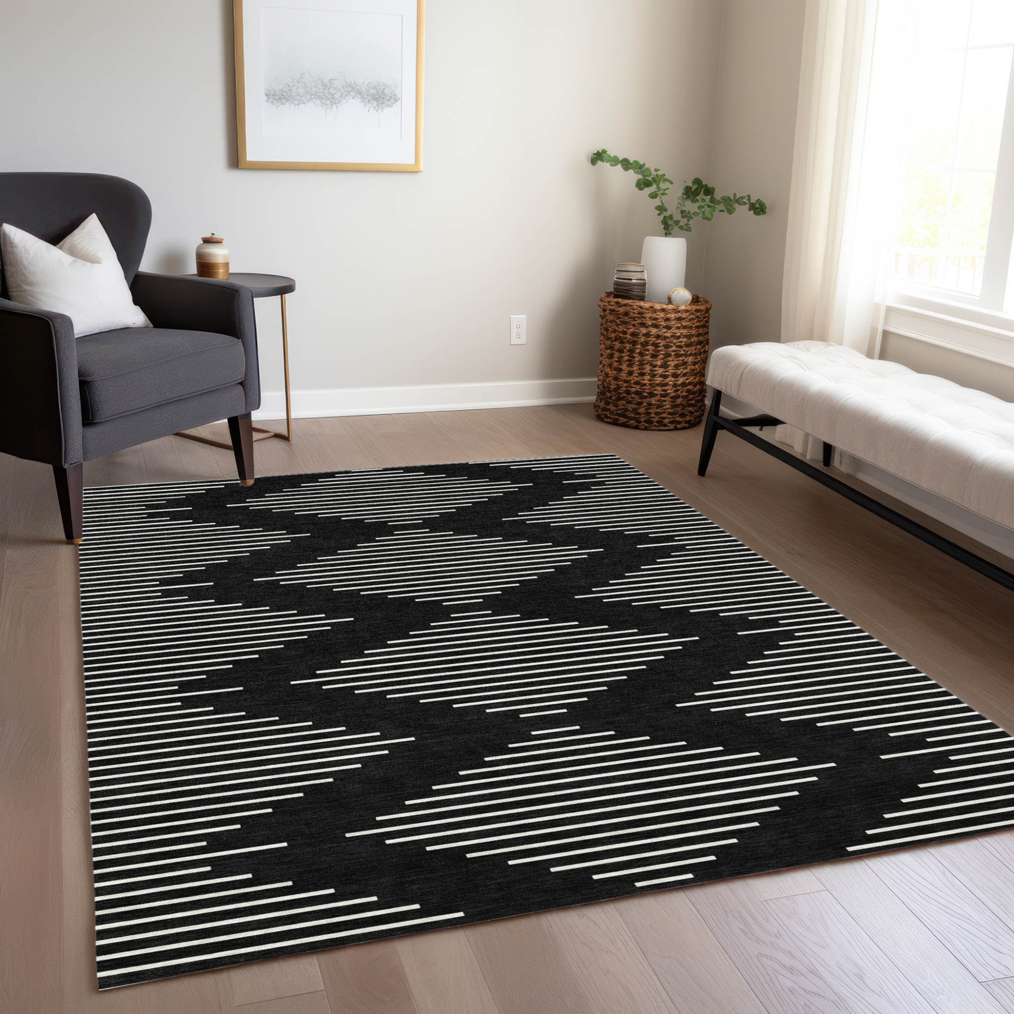 10' X 14' Black And Ivory Geometric Washable Indoor Outdoor Area Rug - 1 - Sports & Outdoor
