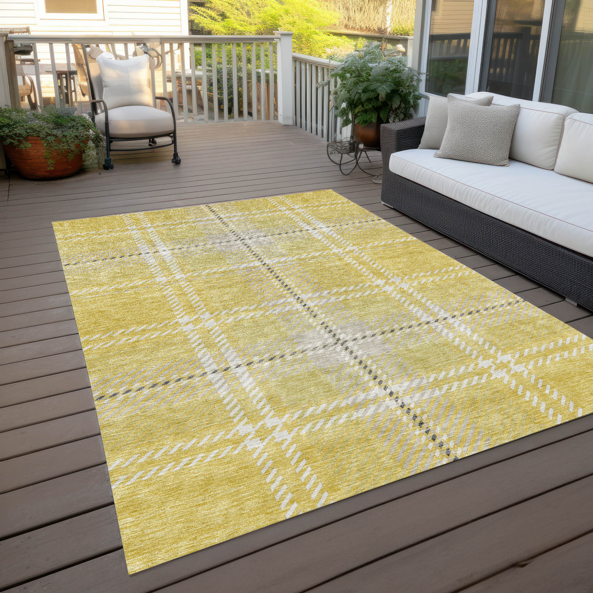 10' X 14' Yellow Black And Ivory Plaid Washable Indoor Outdoor Area Rug - 1 - Sports & Outdoor