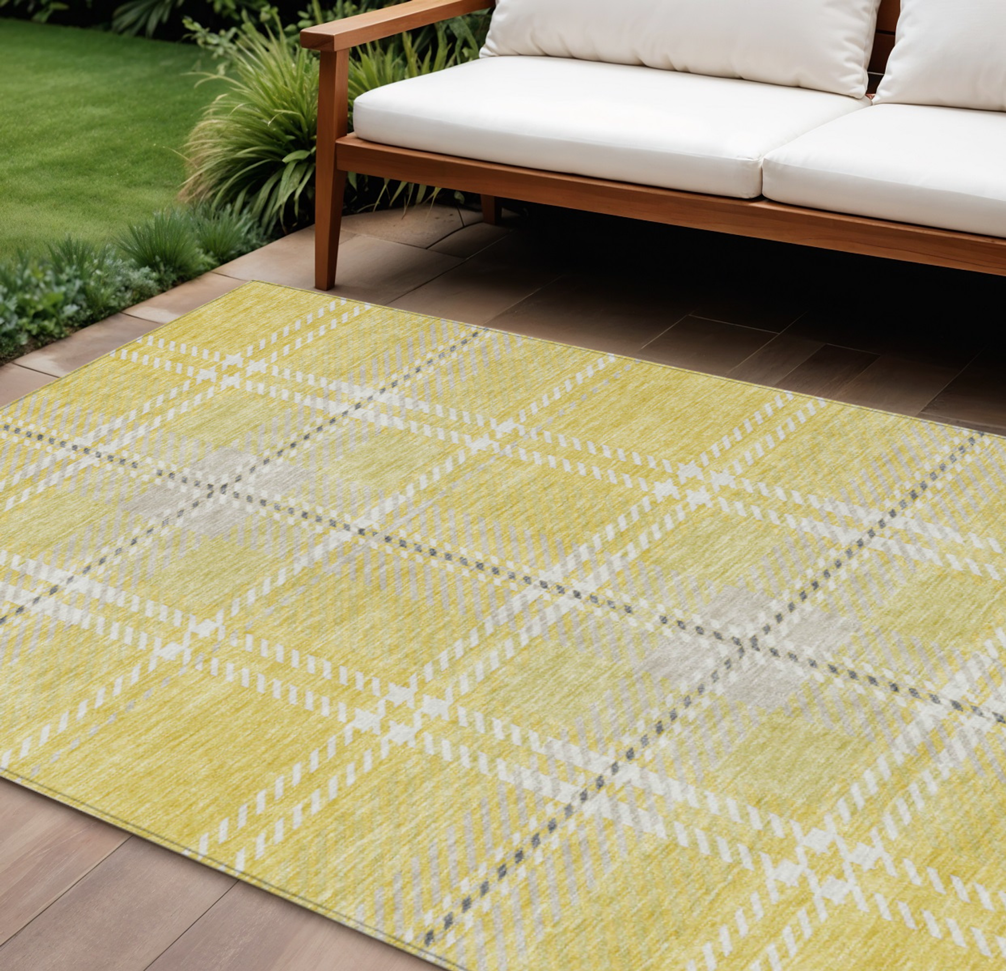 10' X 14' Yellow Black And Ivory Plaid Washable Indoor Outdoor Area Rug - 1 - Sports & Outdoor