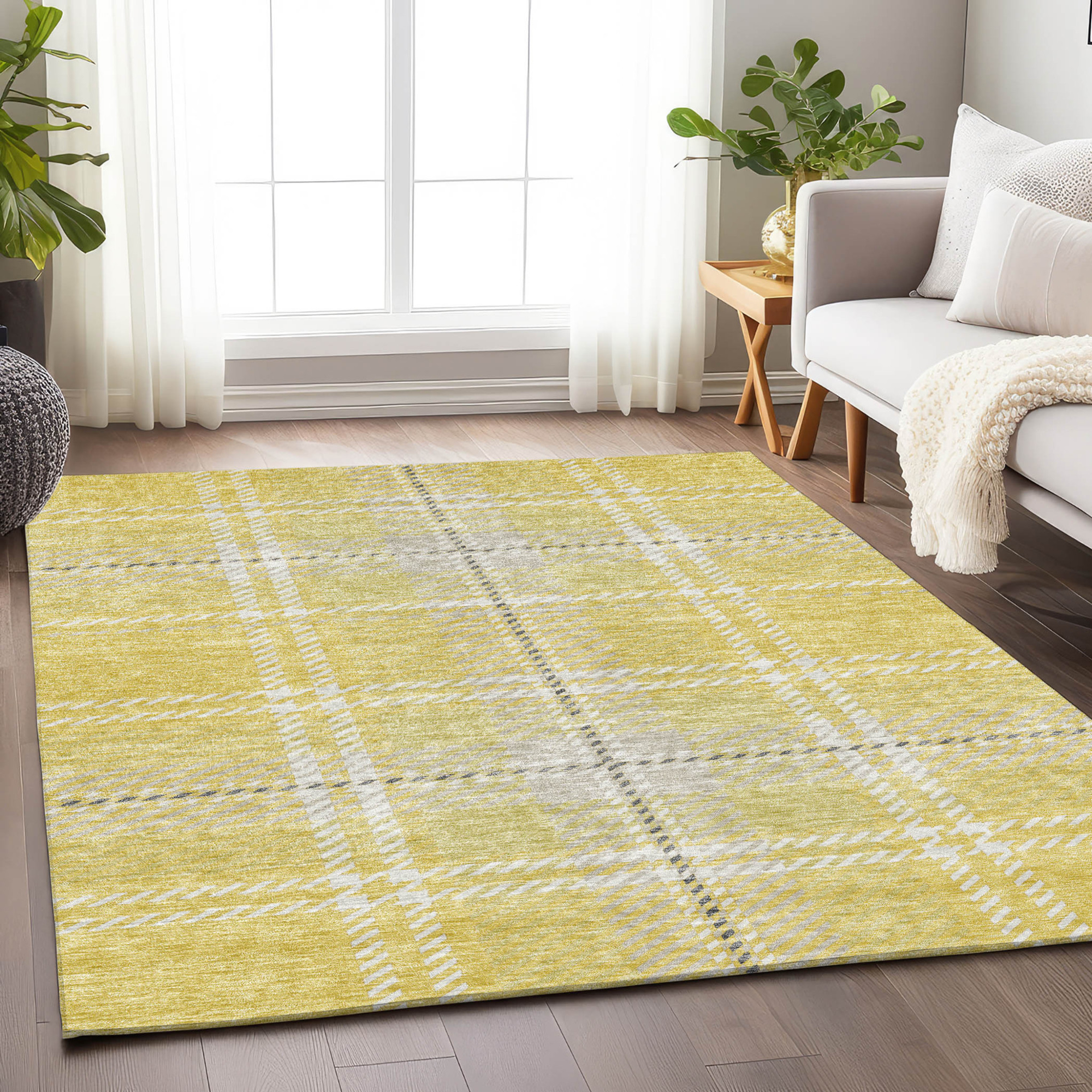 10' X 14' Yellow Black And Ivory Plaid Washable Indoor Outdoor Area Rug - 1 - Sports & Outdoor
