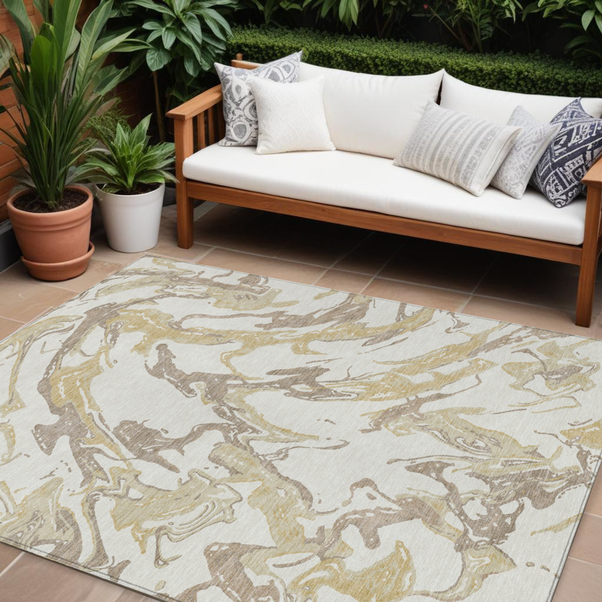 10' X 14' Ivory Gold And Brown Abstract Washable Indoor Outdoor Area Rug - 1 - Sports & Outdoor
