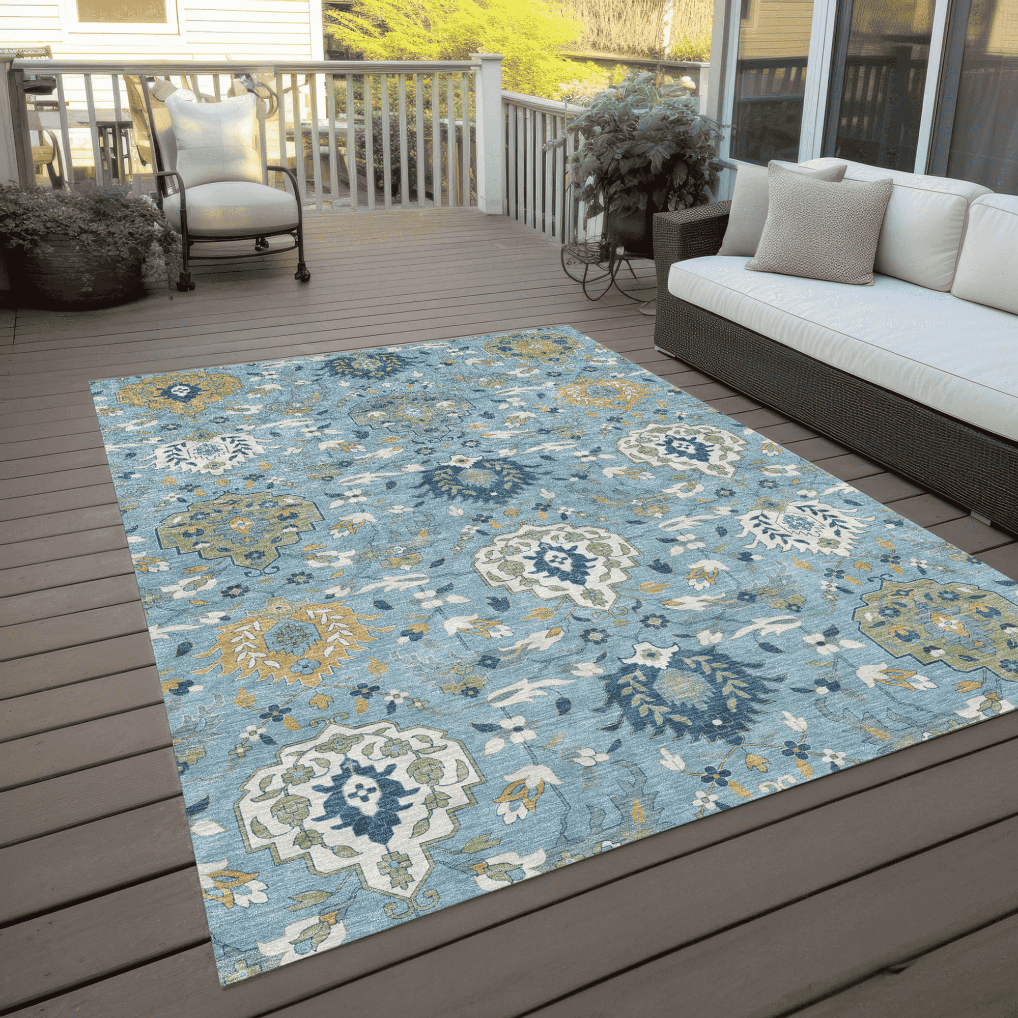 10' X 14' Sky Blue Ivory And Gold Damask Washable Indoor Outdoor Area Rug - 1 - Sports & Outdoor