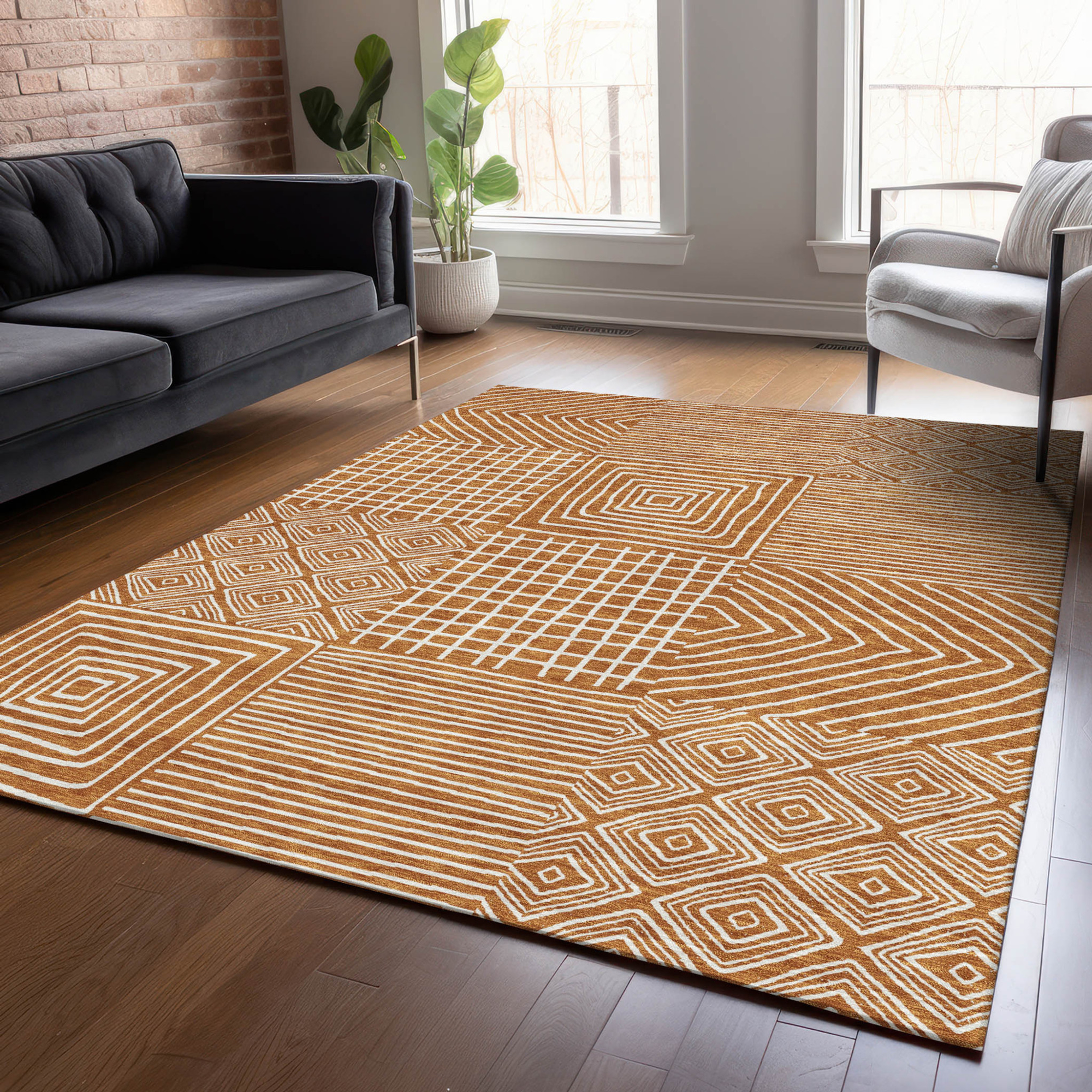 10' X 14' Copper And Ivory Geometric Washable Indoor Outdoor Area Rug - 1 - Sports & Outdoor