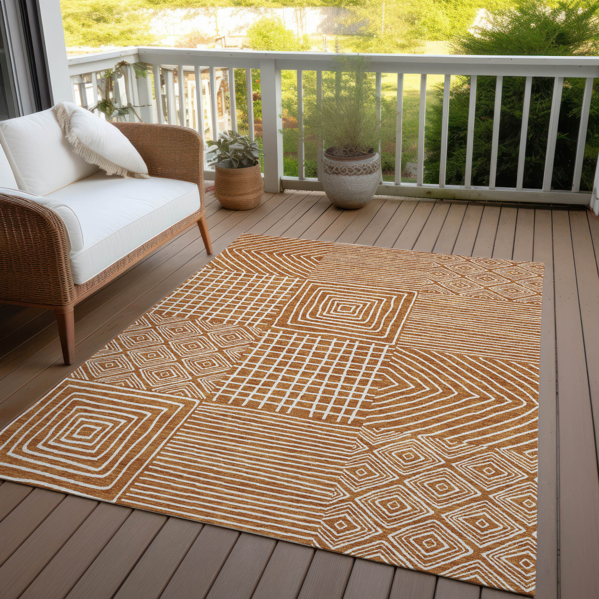 10' X 14' Copper And Ivory Geometric Washable Indoor Outdoor Area Rug - 1 - Sports & Outdoor