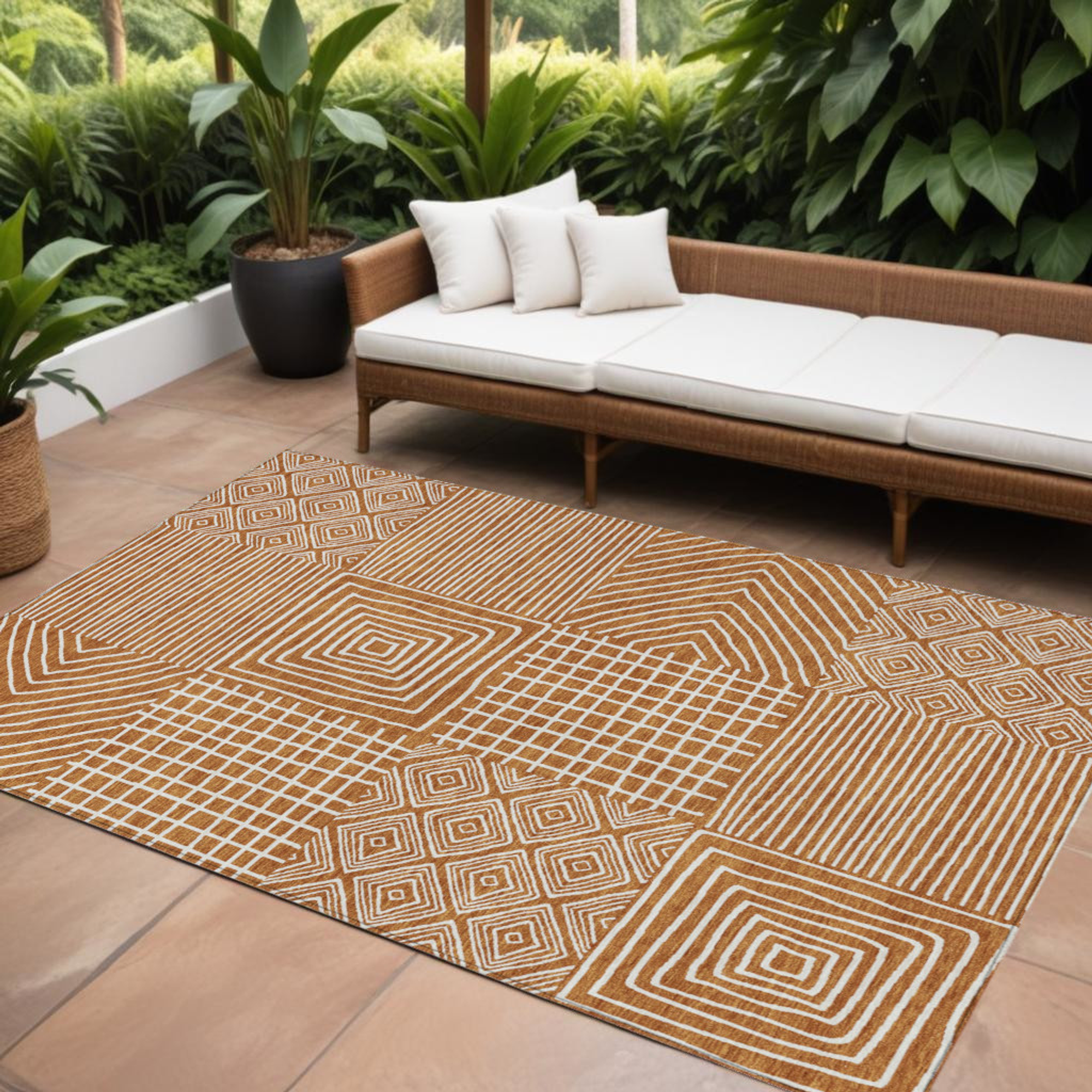 10' X 14' Copper And Ivory Geometric Washable Indoor Outdoor Area Rug - 1 - Sports & Outdoor