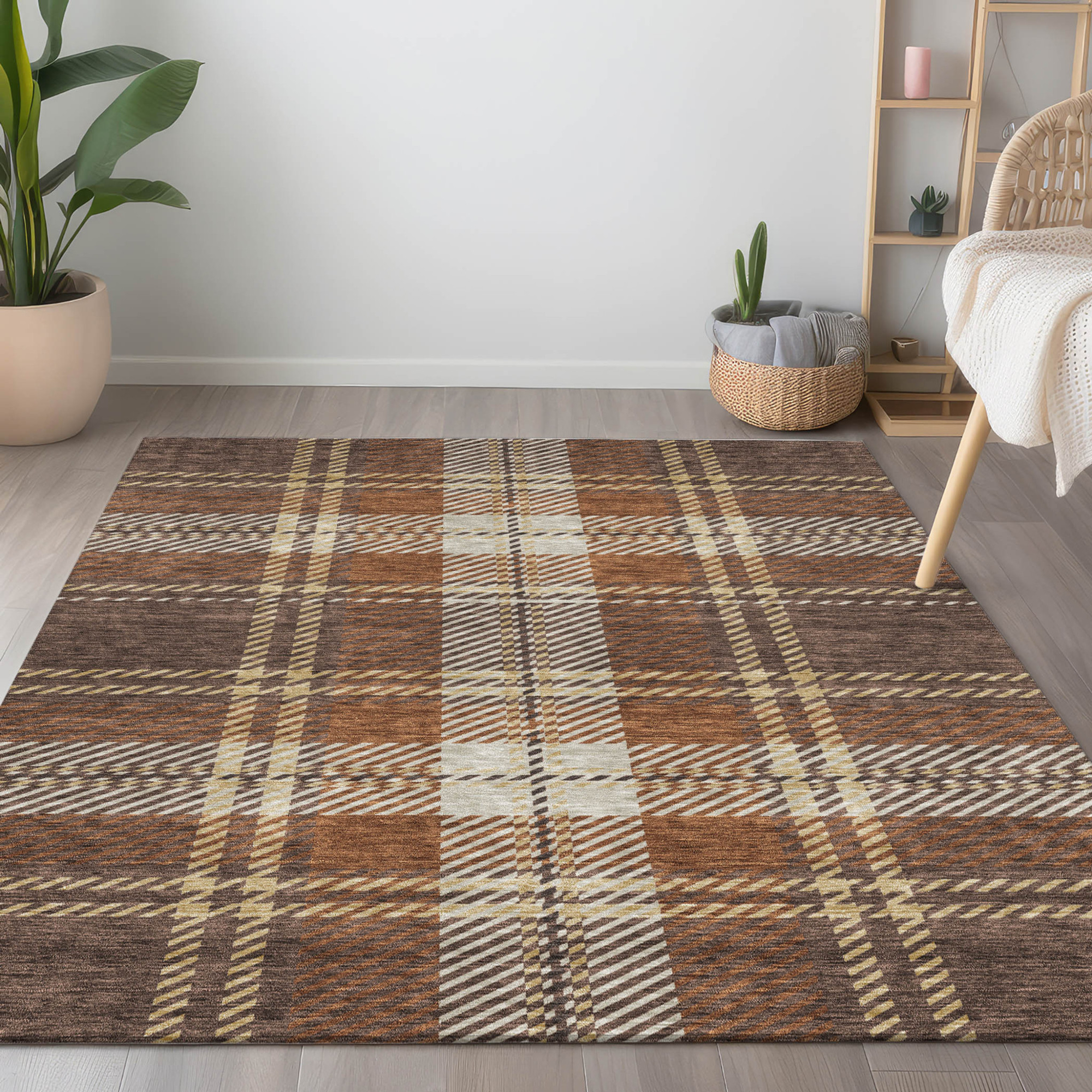 10' X 14' Chocolate Copper And Gold Plaid Washable Indoor Outdoor Area Rug - 1 - Sports & Outdoor