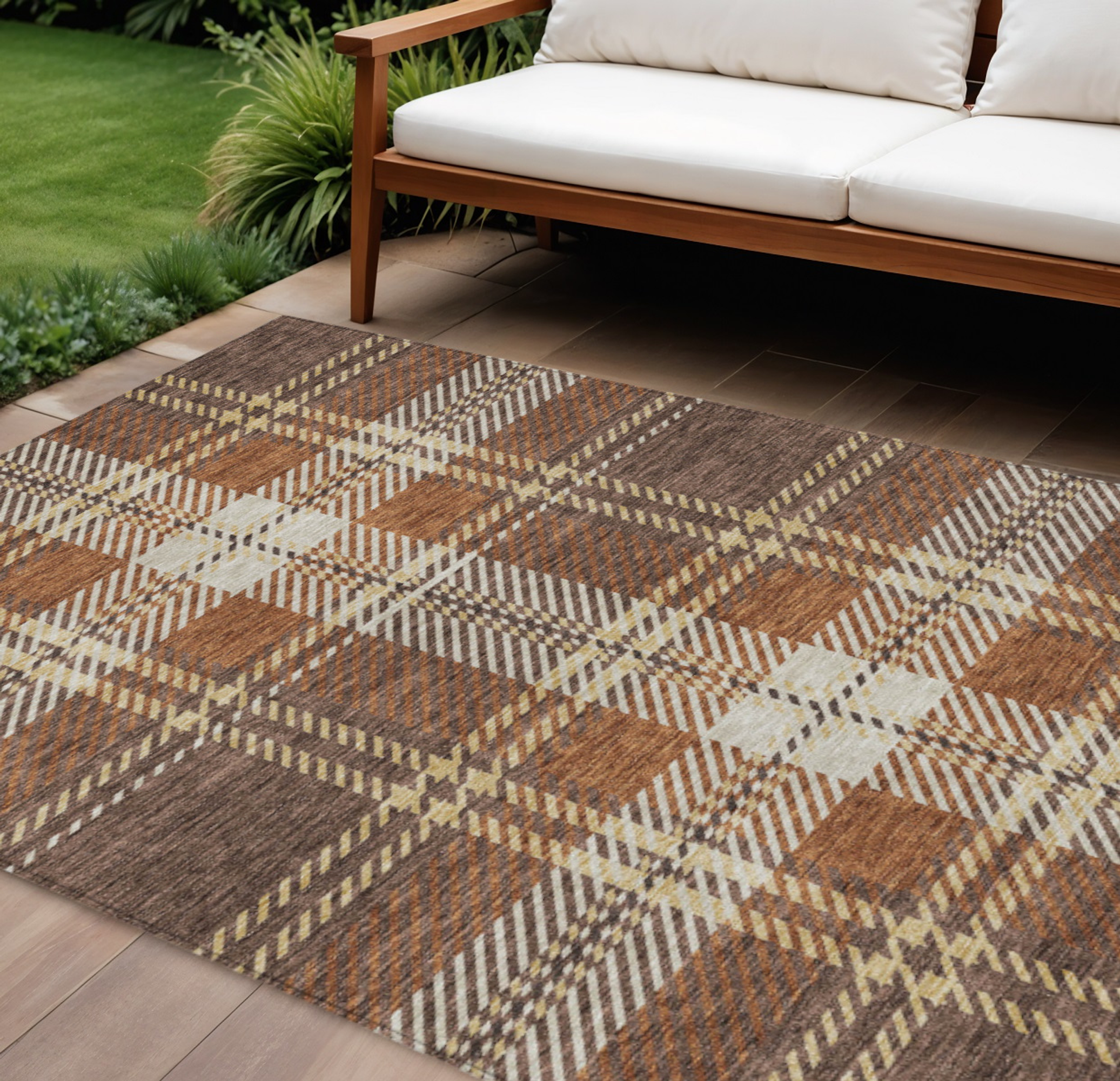 10' X 14' Chocolate Copper And Gold Plaid Washable Indoor Outdoor Area Rug - 1 - Sports & Outdoor