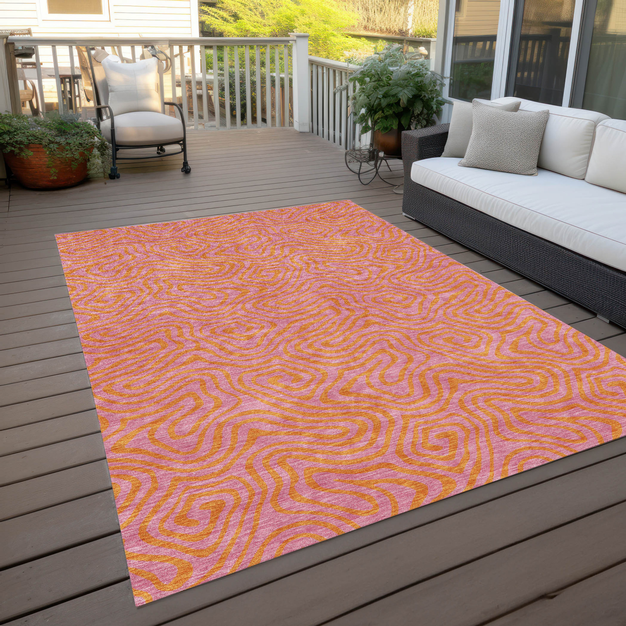 10' X 14' Pink And Copper Abstract Washable Indoor Outdoor Area Rug - 1 - Sports & Outdoor