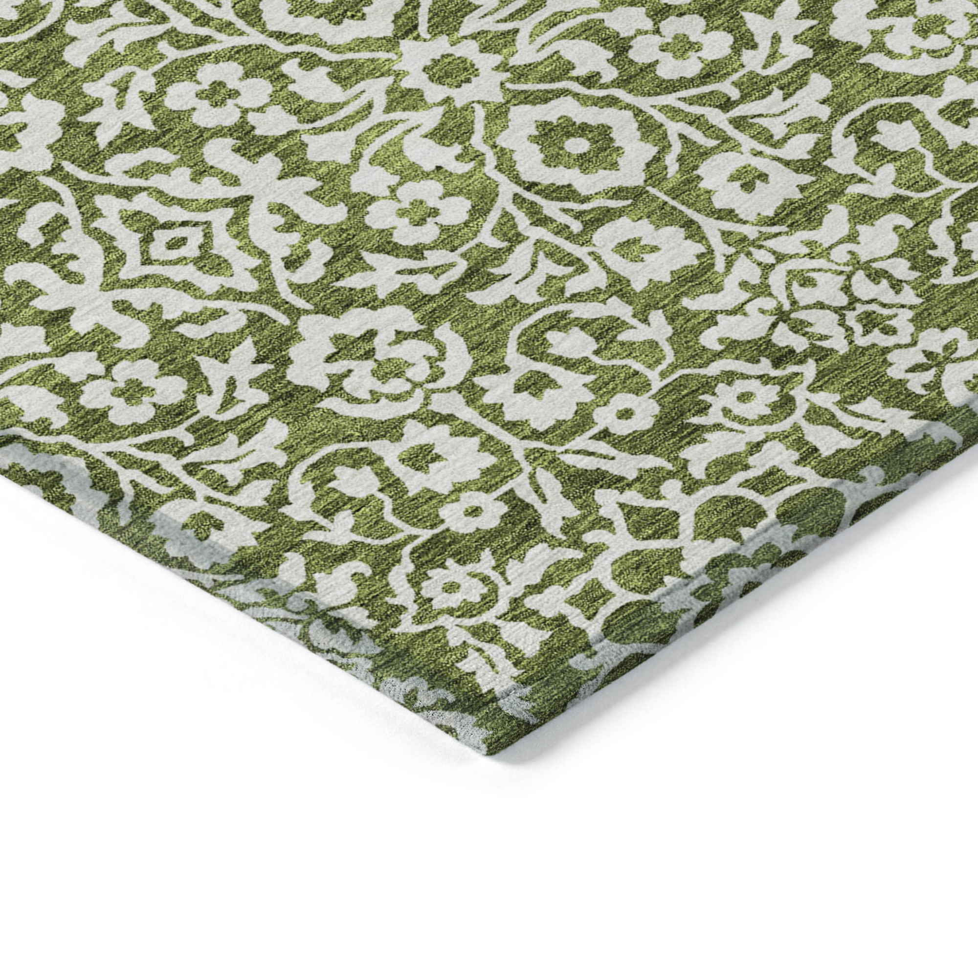 10' X 14' Olive Green And Ivory Damask Washable Indoor Outdoor Area Rug - 1 - Sports & Outdoor
