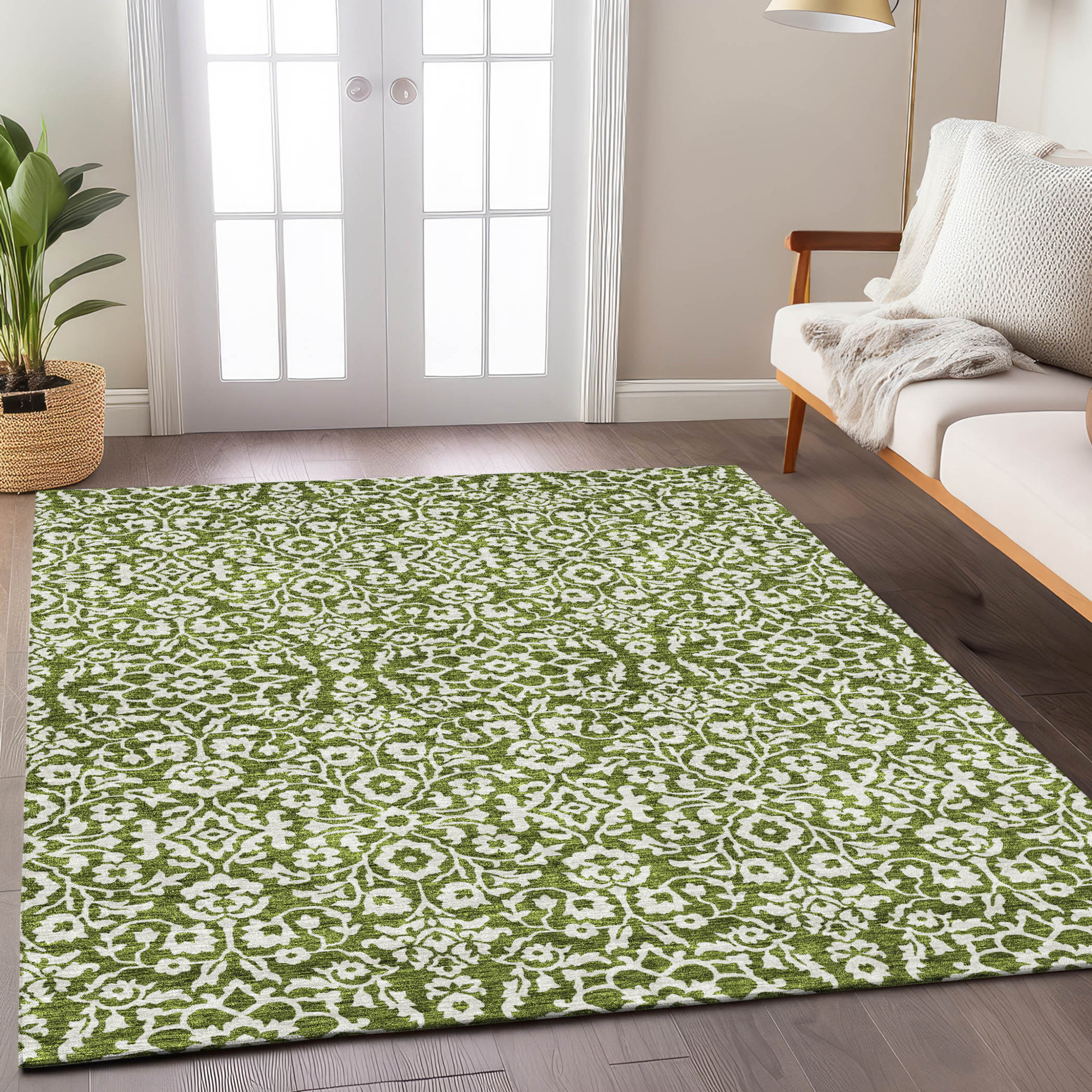 10' X 14' Olive Green And Ivory Damask Washable Indoor Outdoor Area Rug - 1 - Sports & Outdoor
