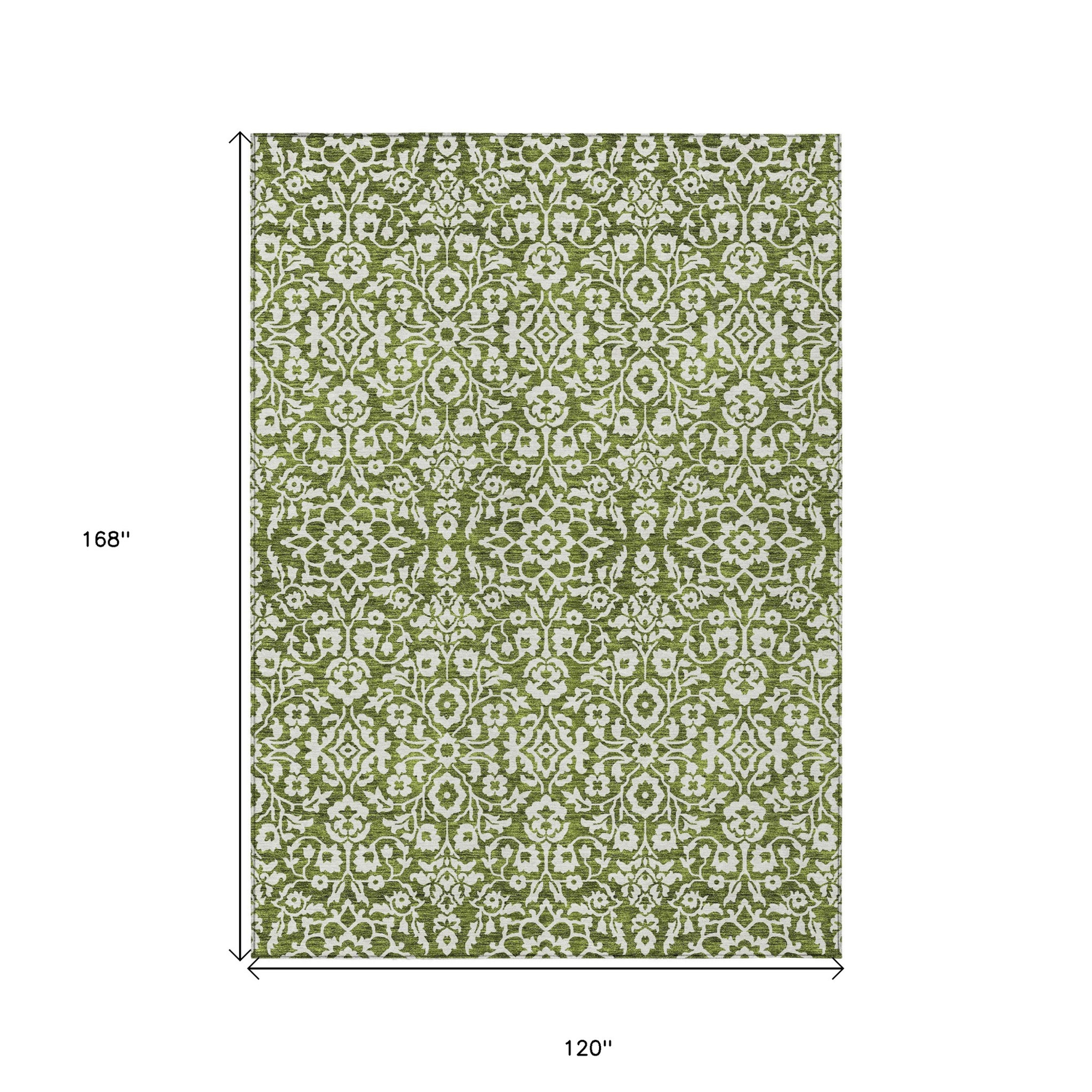 10' X 14' Olive Green And Ivory Damask Washable Indoor Outdoor Area Rug - 1 - Sports & Outdoor