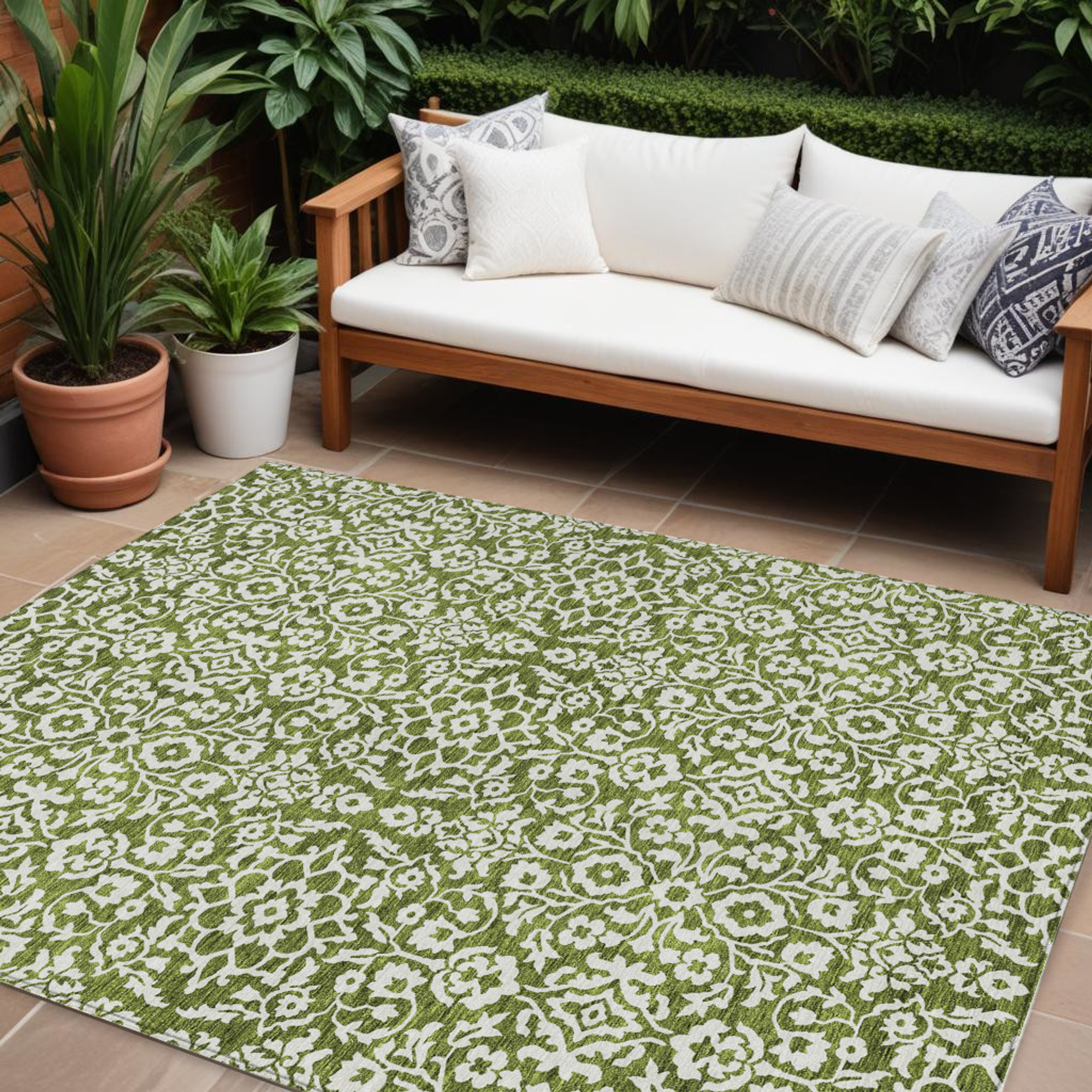 10' X 14' Olive Green And Ivory Damask Washable Indoor Outdoor Area Rug - 1 - Sports & Outdoor