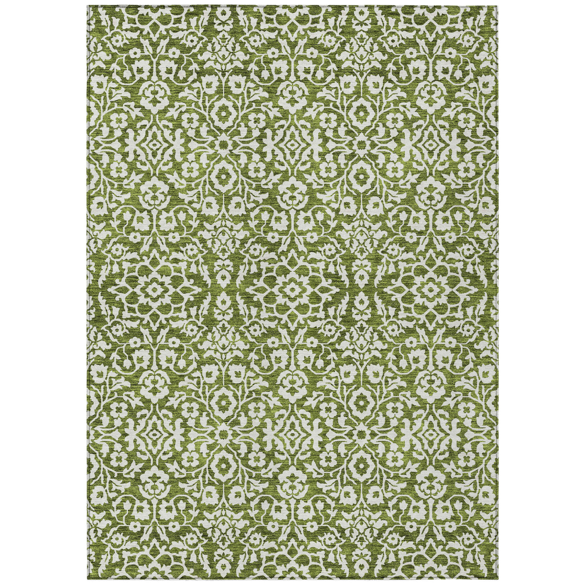 10' X 14' Olive Green And Ivory Damask Washable Indoor Outdoor Area Rug - 1 - Sports & Outdoor