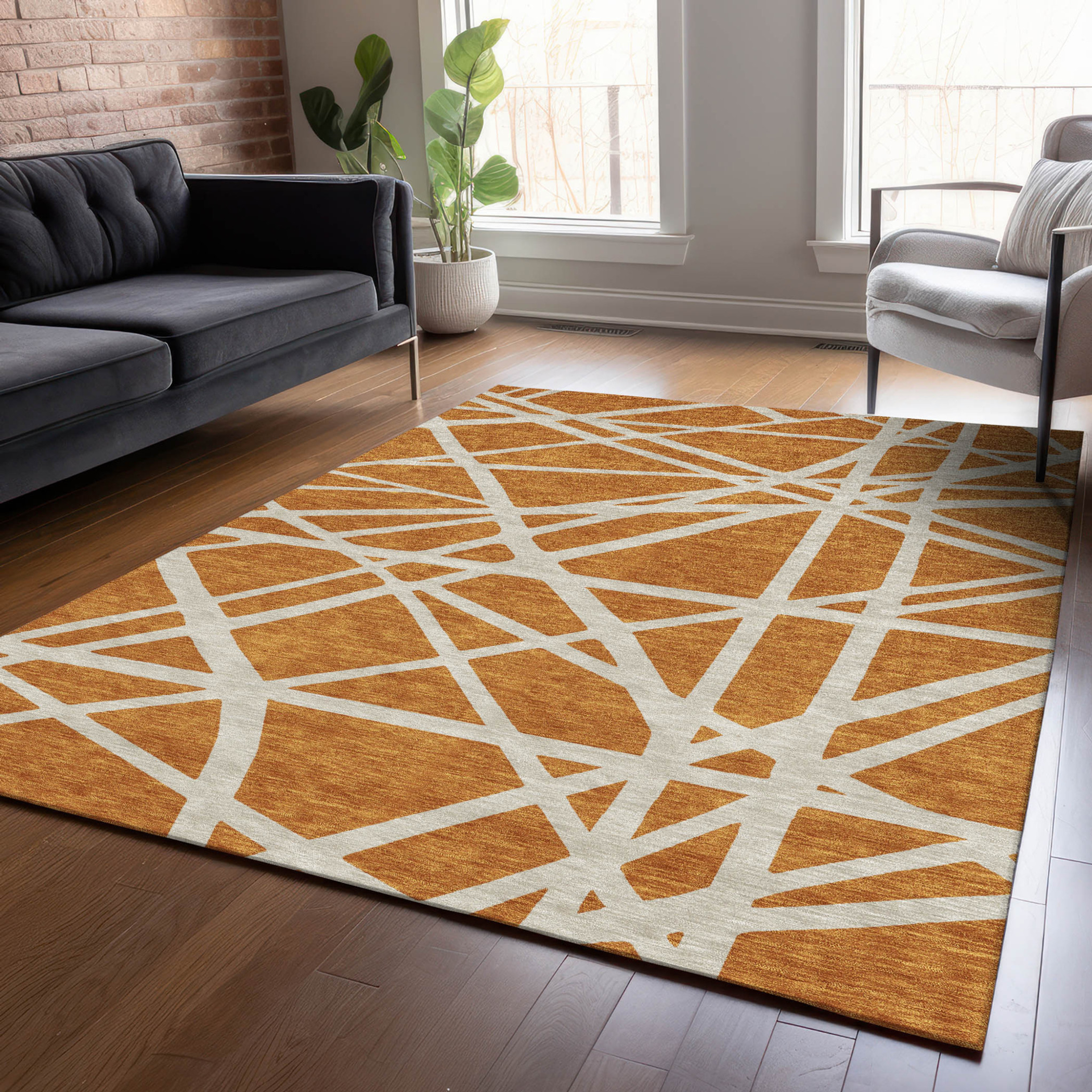 10' X 14' Copper And Beige Geometric Washable Indoor Outdoor Area Rug - 1 - Sports & Outdoor