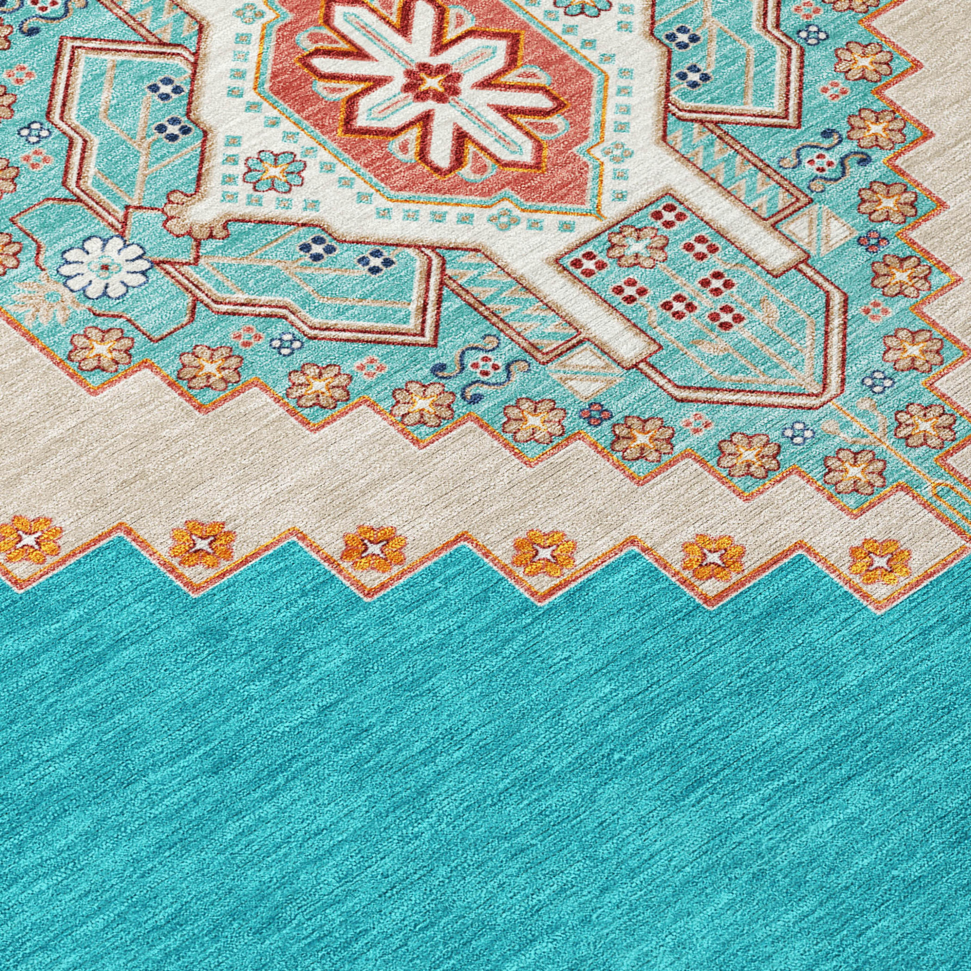10' X 14' Teal Blue Brown And Ivory Oriental Washable Indoor Outdoor Area Rug - 1 - Sports & Outdoor