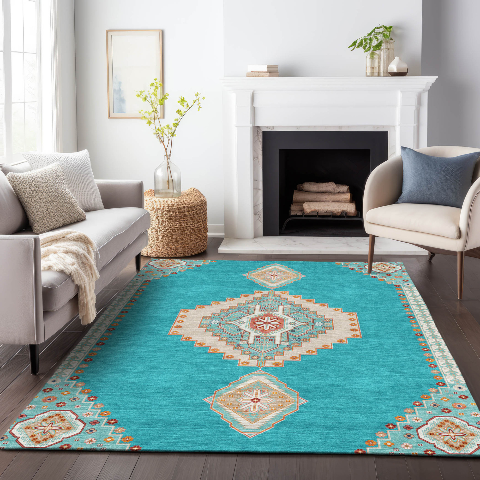 10' X 14' Teal Blue Brown And Ivory Oriental Washable Indoor Outdoor Area Rug - 1 - Sports & Outdoor