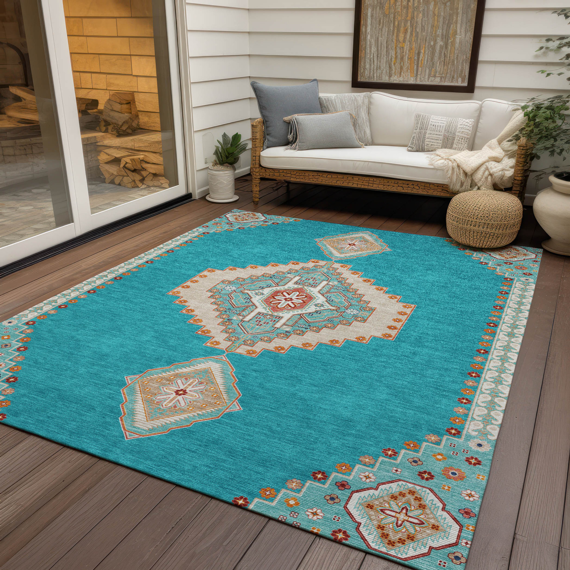 10' X 14' Teal Blue Brown And Ivory Oriental Washable Indoor Outdoor Area Rug - 1 - Sports & Outdoor