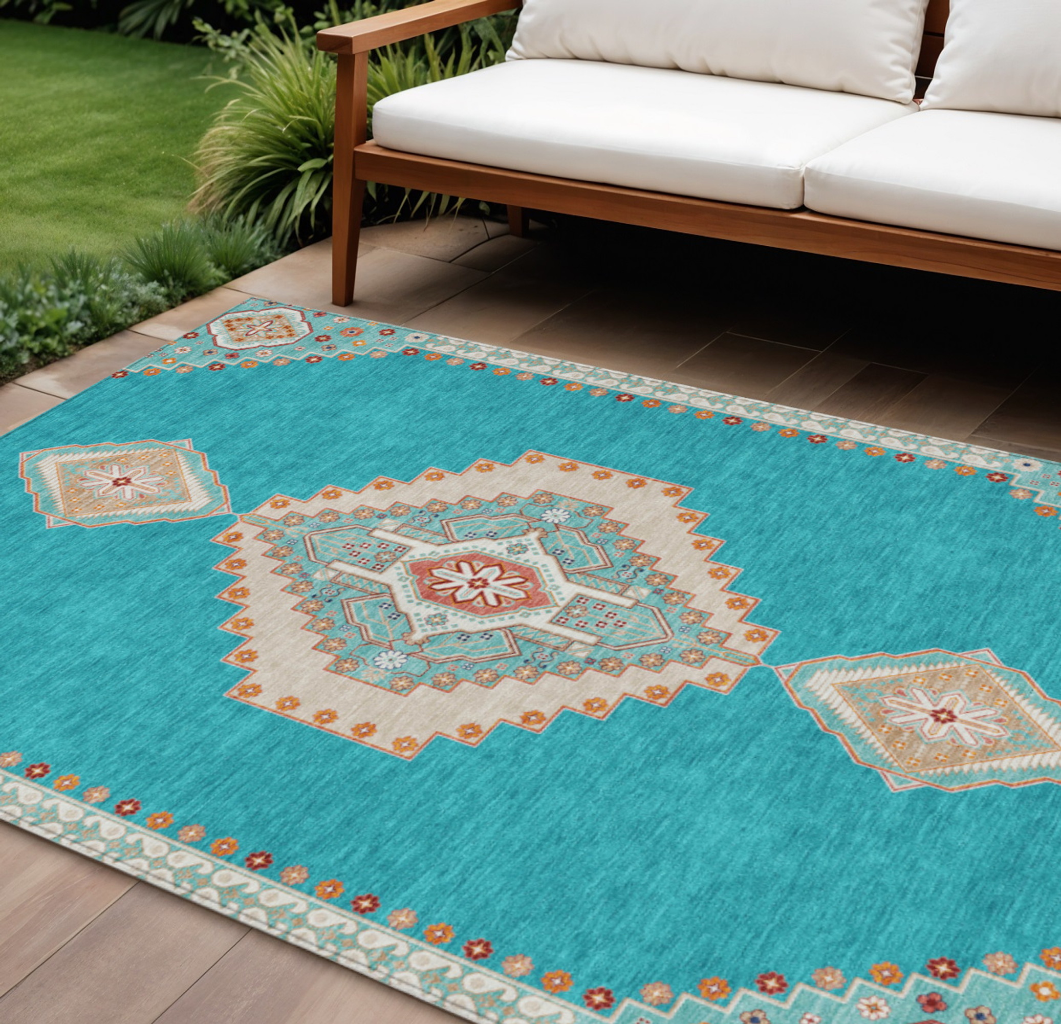 10' X 14' Teal Blue Brown And Ivory Oriental Washable Indoor Outdoor Area Rug - 1 - Sports & Outdoor