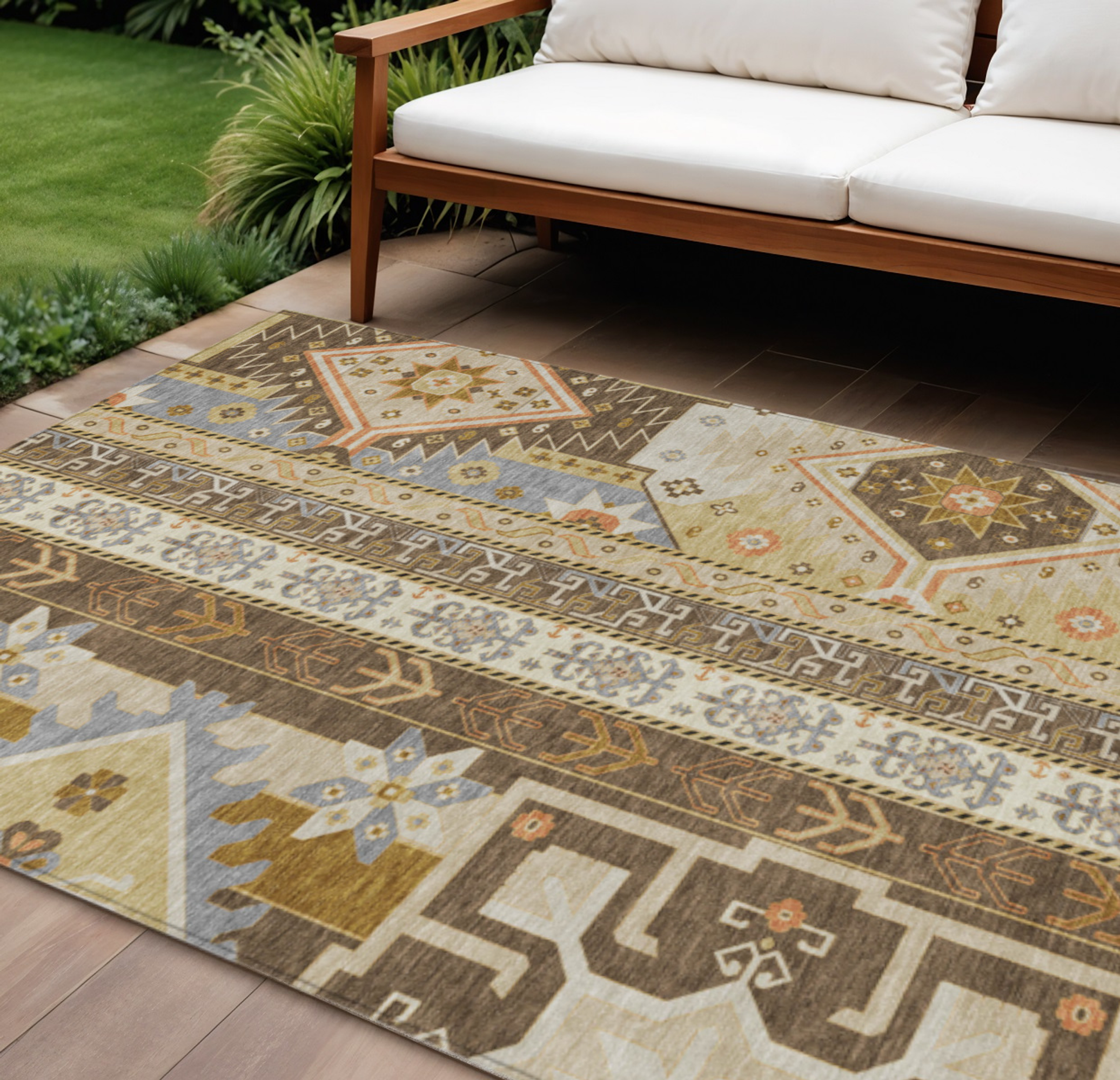10' X 14' Brown Beige And Ivory Aztec Washable Indoor Outdoor Area Rug - 1 - Sports & Outdoor