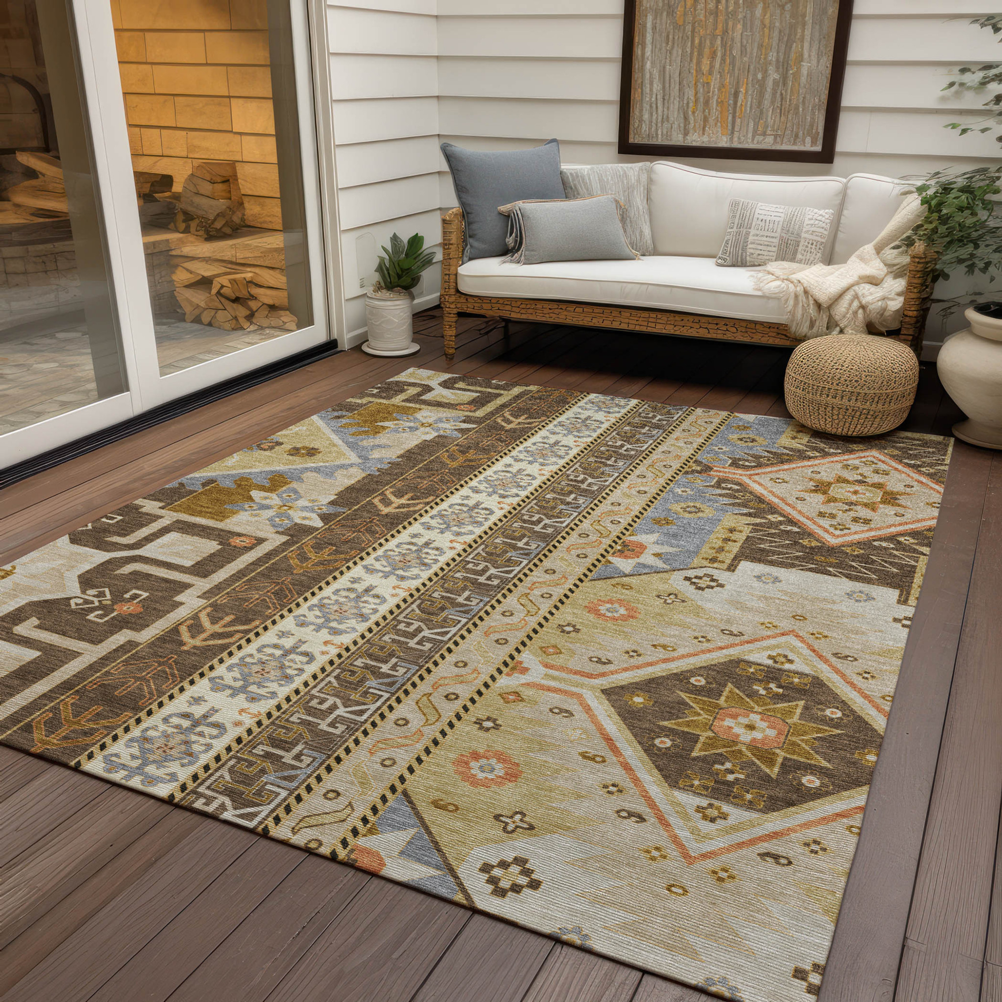 10' X 14' Brown Beige And Ivory Aztec Washable Indoor Outdoor Area Rug - 1 - Sports & Outdoor