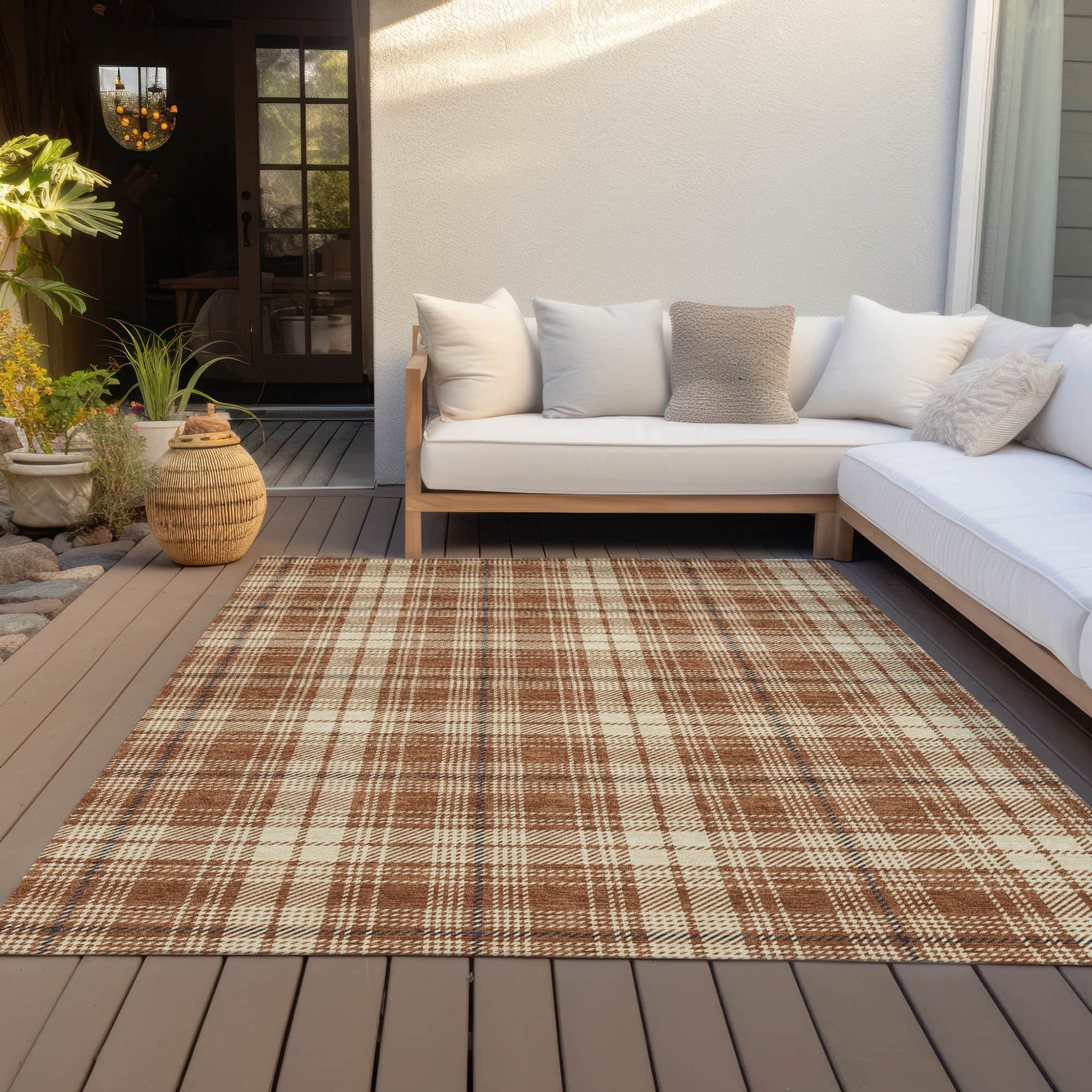 10' X 14' Brown Black And Beige Plaid Washable Indoor Outdoor Area Rug - 1 - Sports & Outdoor