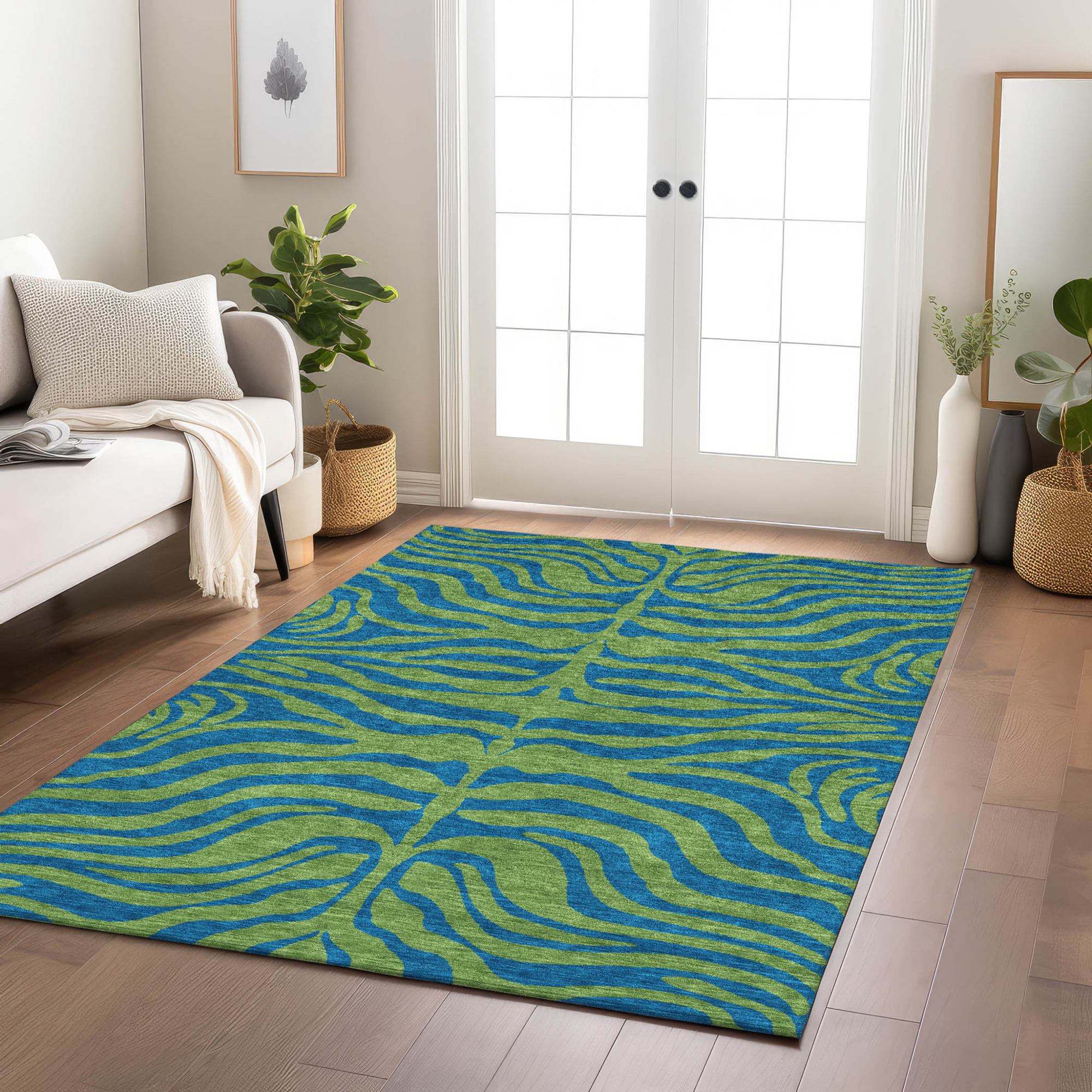 10' X 14' Green And Teal Blue Animal Print Washable Indoor Outdoor Area Rug - 1 - Sports & Outdoor