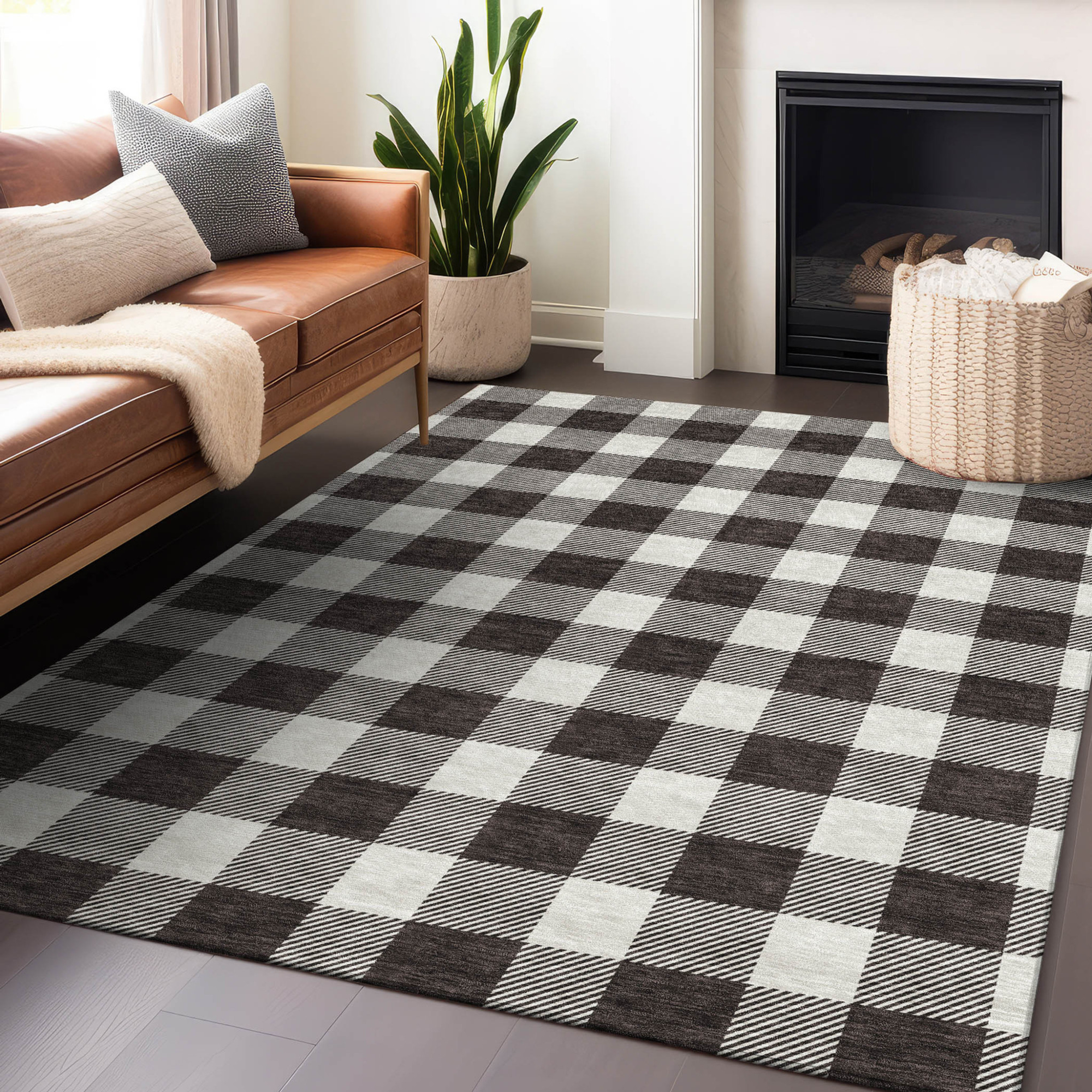 10' X 14' Black And Gray Plaid Washable Indoor Outdoor Area Rug - 1 - Sports & Outdoor