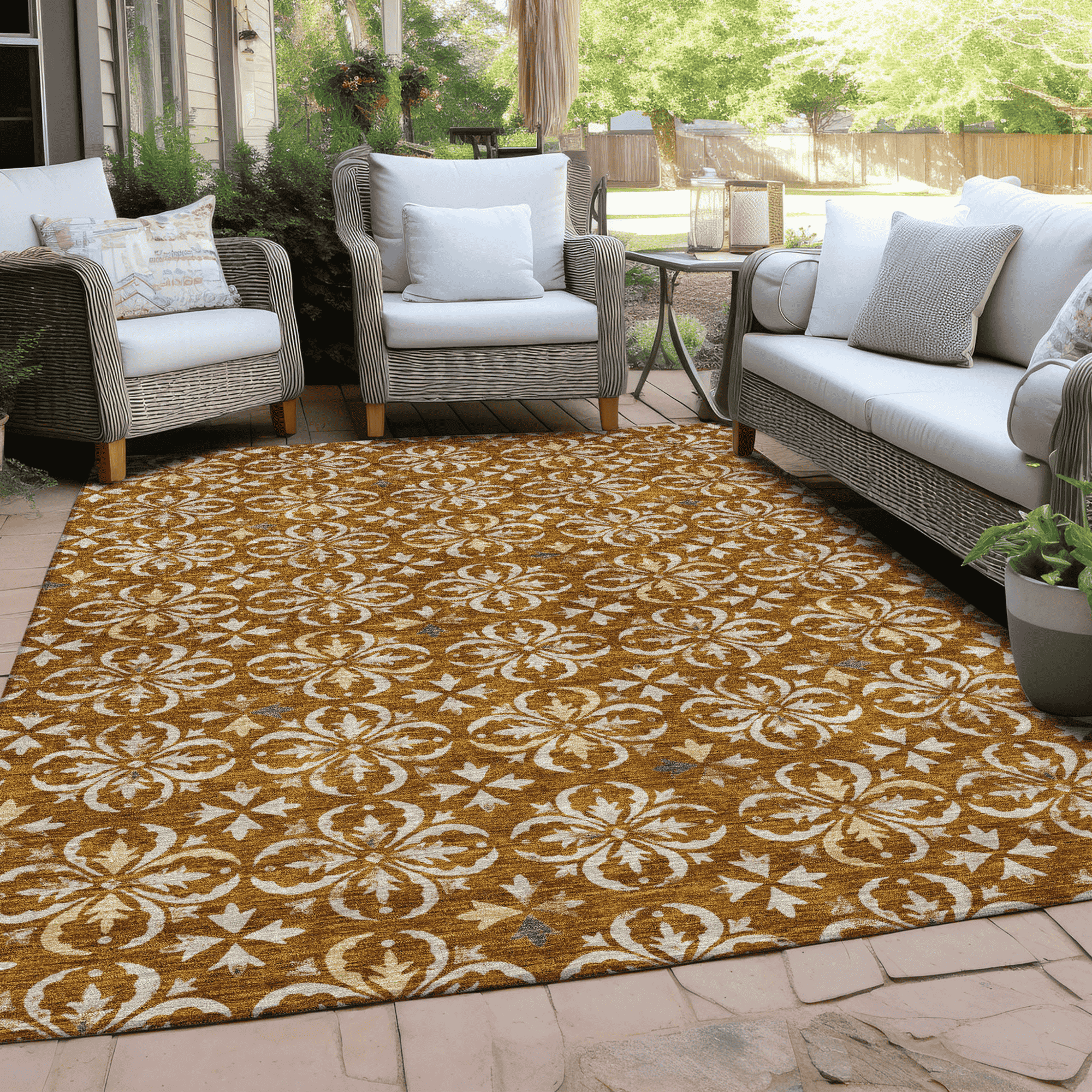 10' X 14' Copper And Beige Floral Washable Indoor Outdoor Area Rug - 1 - Sports & Outdoor