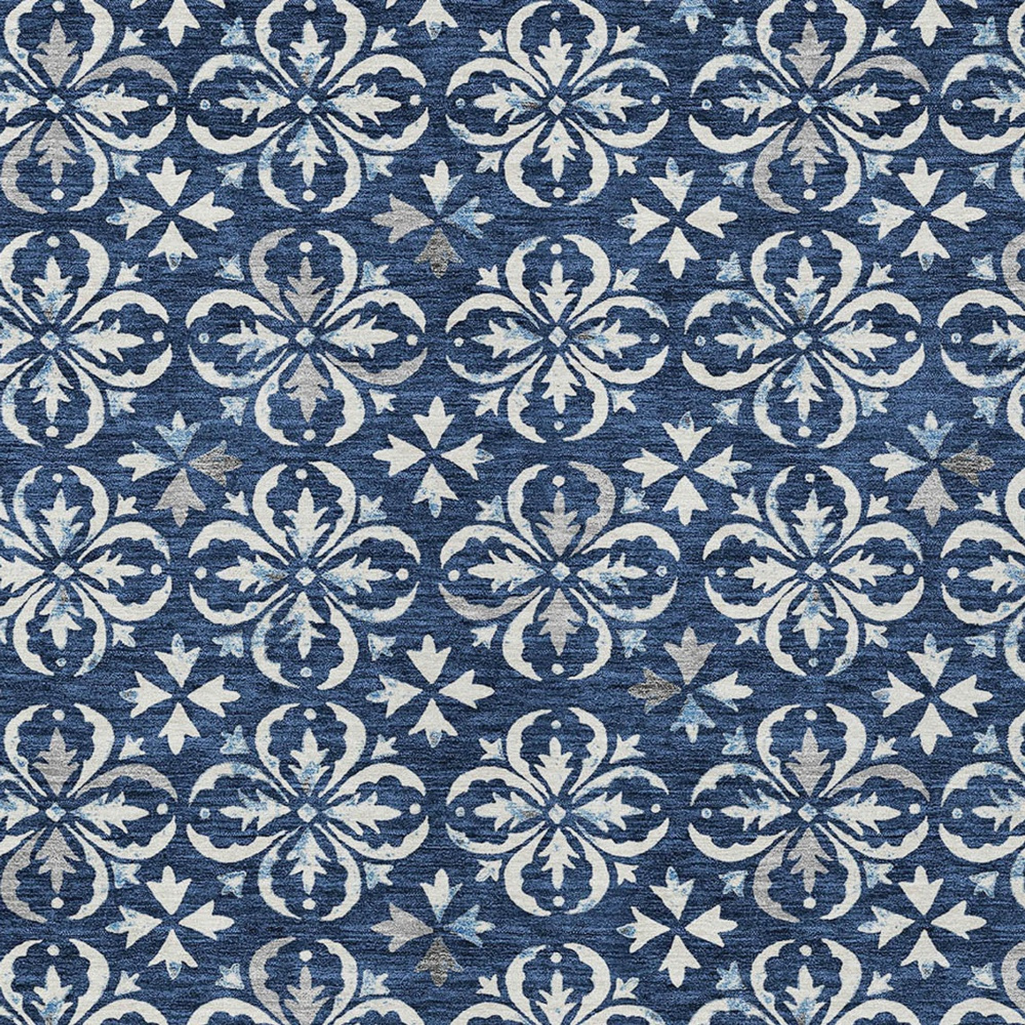 10' X 14' Navy Blue And Ivory Floral Washable Indoor Outdoor Area Rug - 1 - Sports & Outdoor