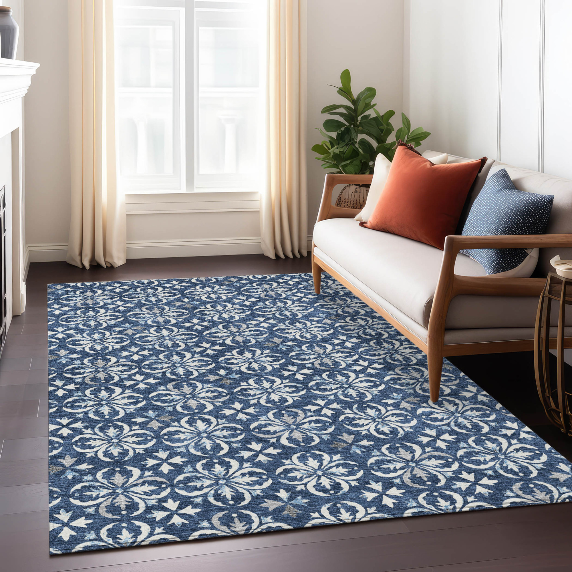 10' X 14' Navy Blue And Ivory Floral Washable Indoor Outdoor Area Rug - 1 - Sports & Outdoor