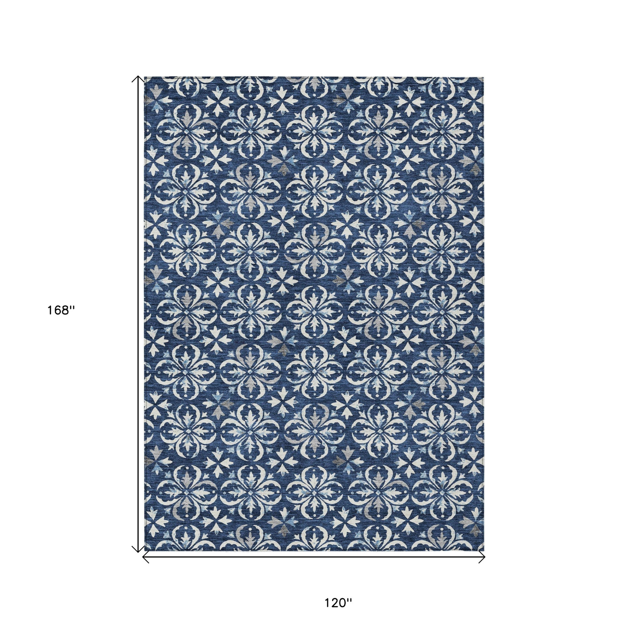 10' X 14' Navy Blue And Ivory Floral Washable Indoor Outdoor Area Rug - 1 - Sports & Outdoor