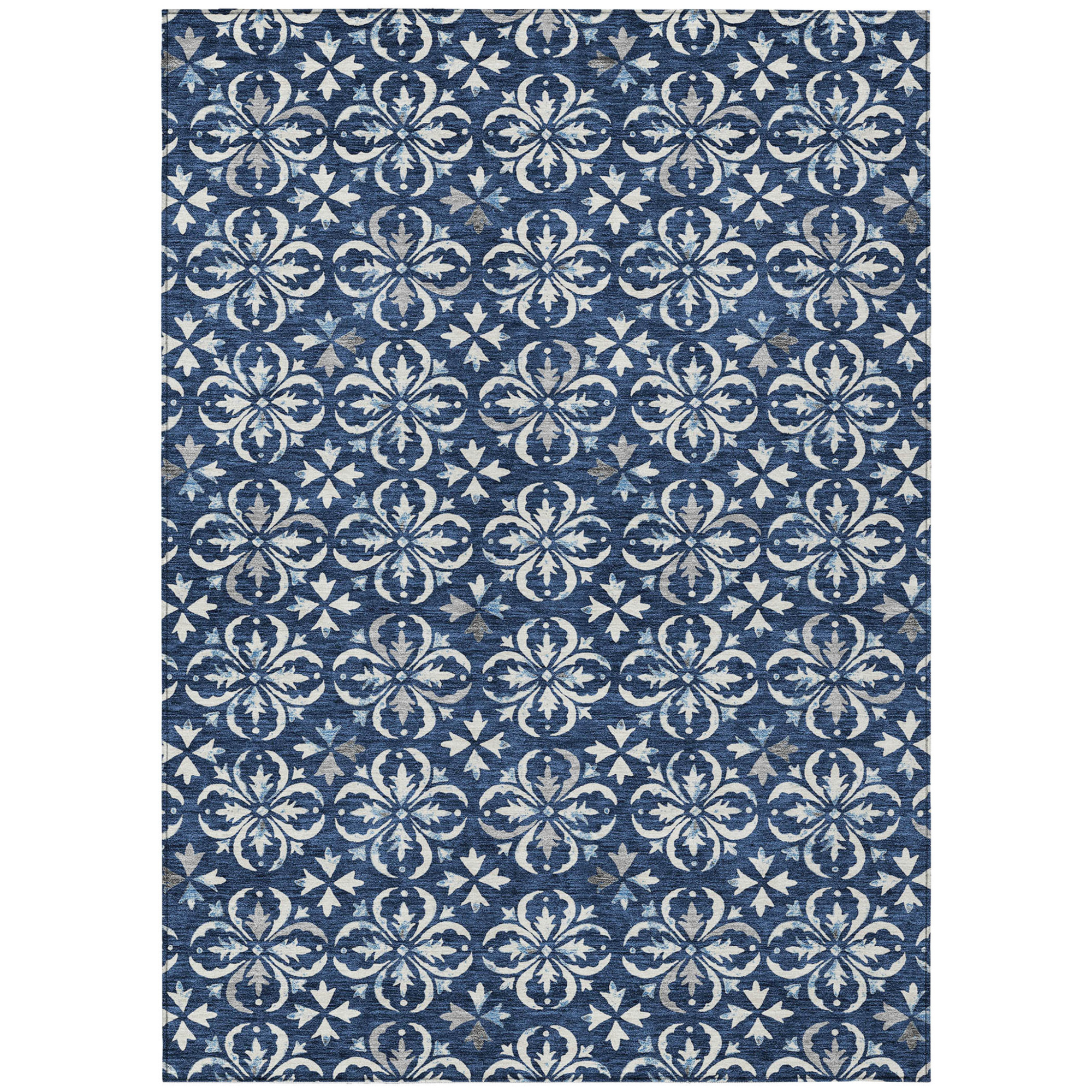 10' X 14' Navy Blue And Ivory Floral Washable Indoor Outdoor Area Rug - 1 - Sports & Outdoor